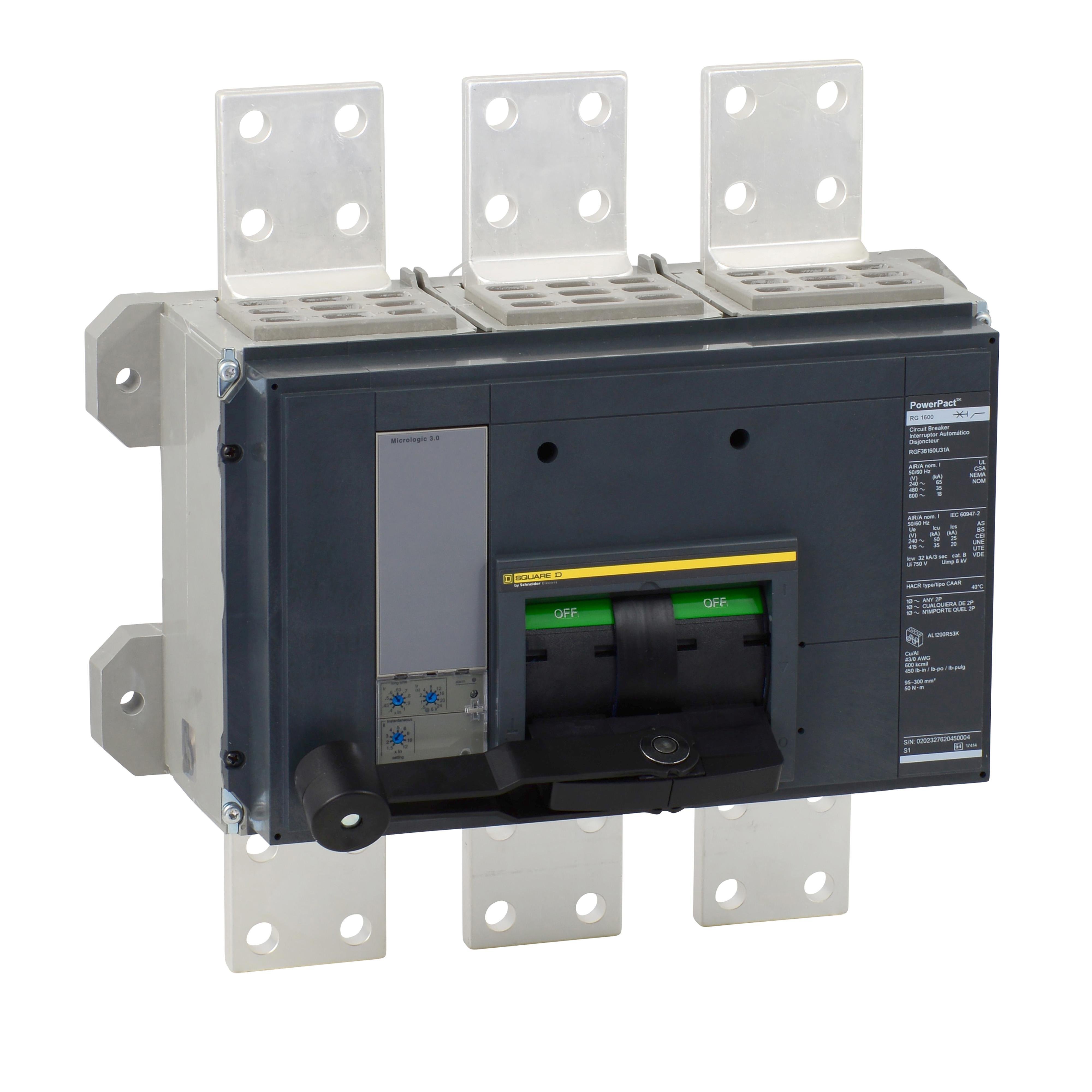RGF36160CU31A - Circuit breaker, PowerPacT R, 1600A, 3 pole, 600VAC, 18kA, busbar, Micrologic 3.0, 100%
