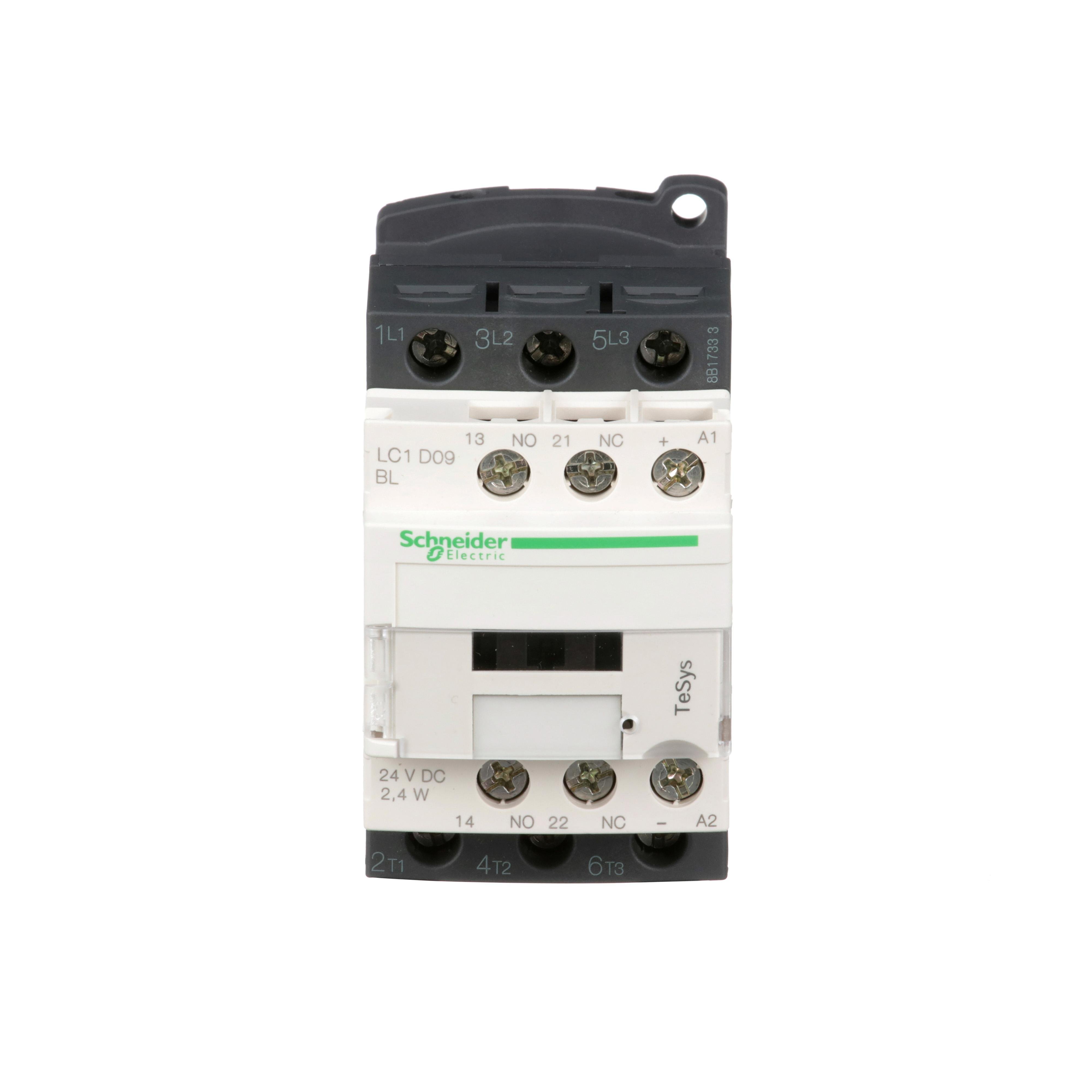 LC1D09BL - IEC contactor, TeSys Deca, nonreversing, 9A, 5HP at 480VAC, up to 100kA SCCR, 3 phase, 3 NO, low consumption 24VDC coil