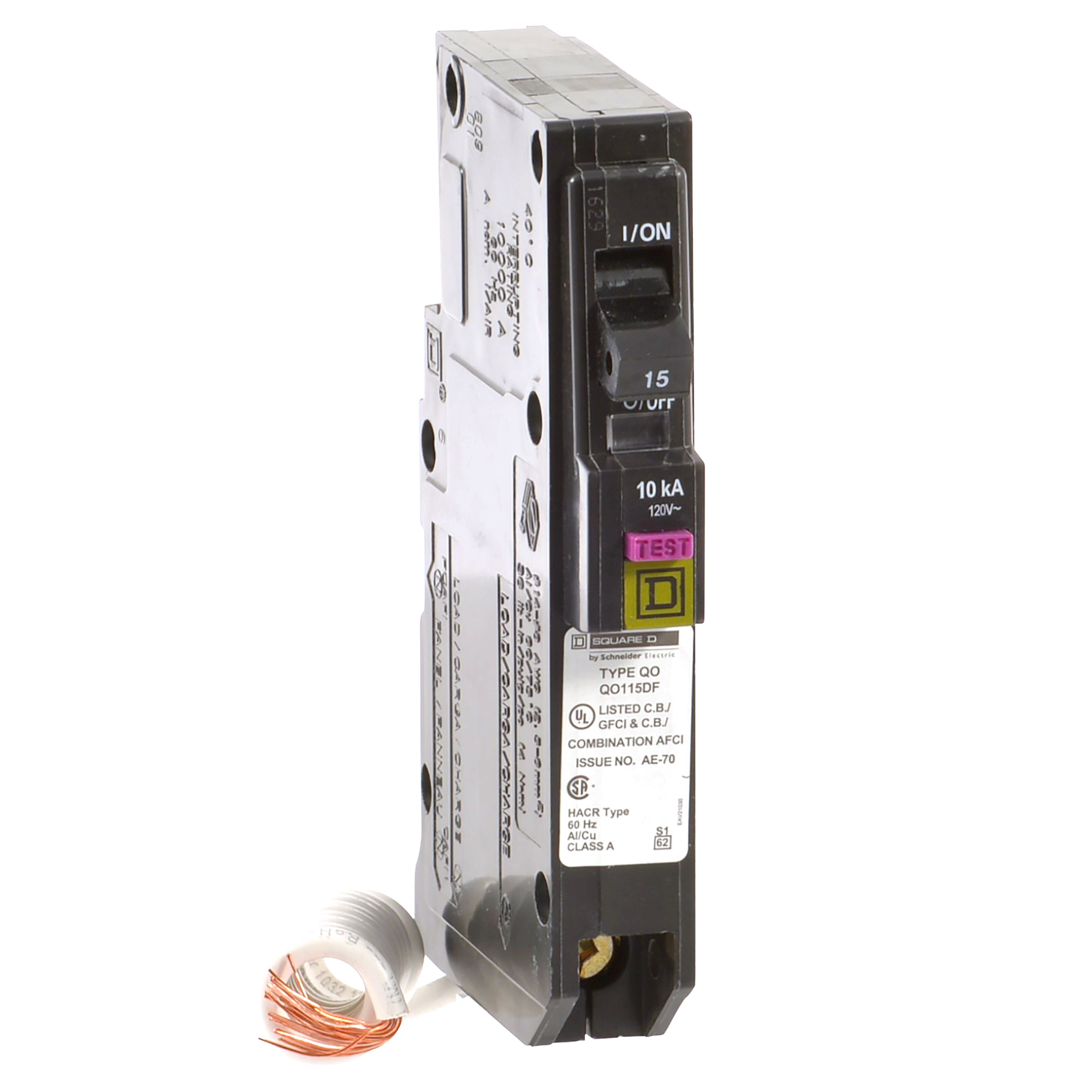 QO115DF - [TAA] Mini circuit breaker, QO, 15A, 1 pole, 120VAC, 10kA, plug in, dual function, pigtail
