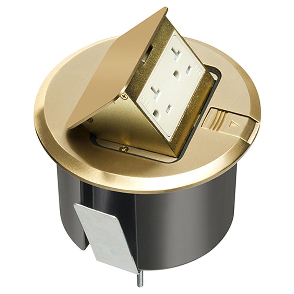 FLBT6520MB - Pop up counter top box kit with round brass cover. With Round plastic box. Comes with 20 amp decorator style tamper resistant receptacle.