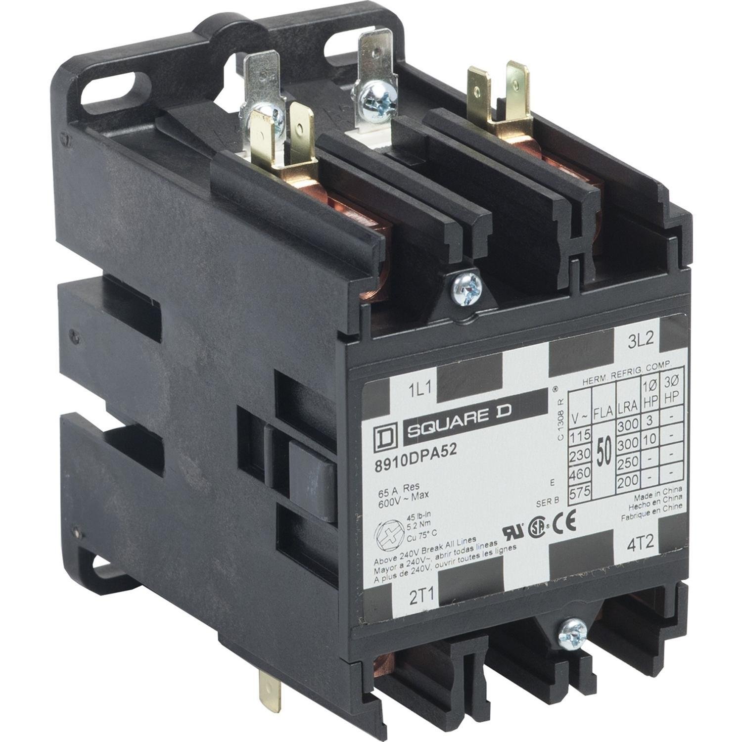 8910DPA52V14 - Contactor, Definite Purpose, 50A, 2 pole, 10HP at 230VAC, 1 phase, 24/24VAC 50/60Hz coil, open