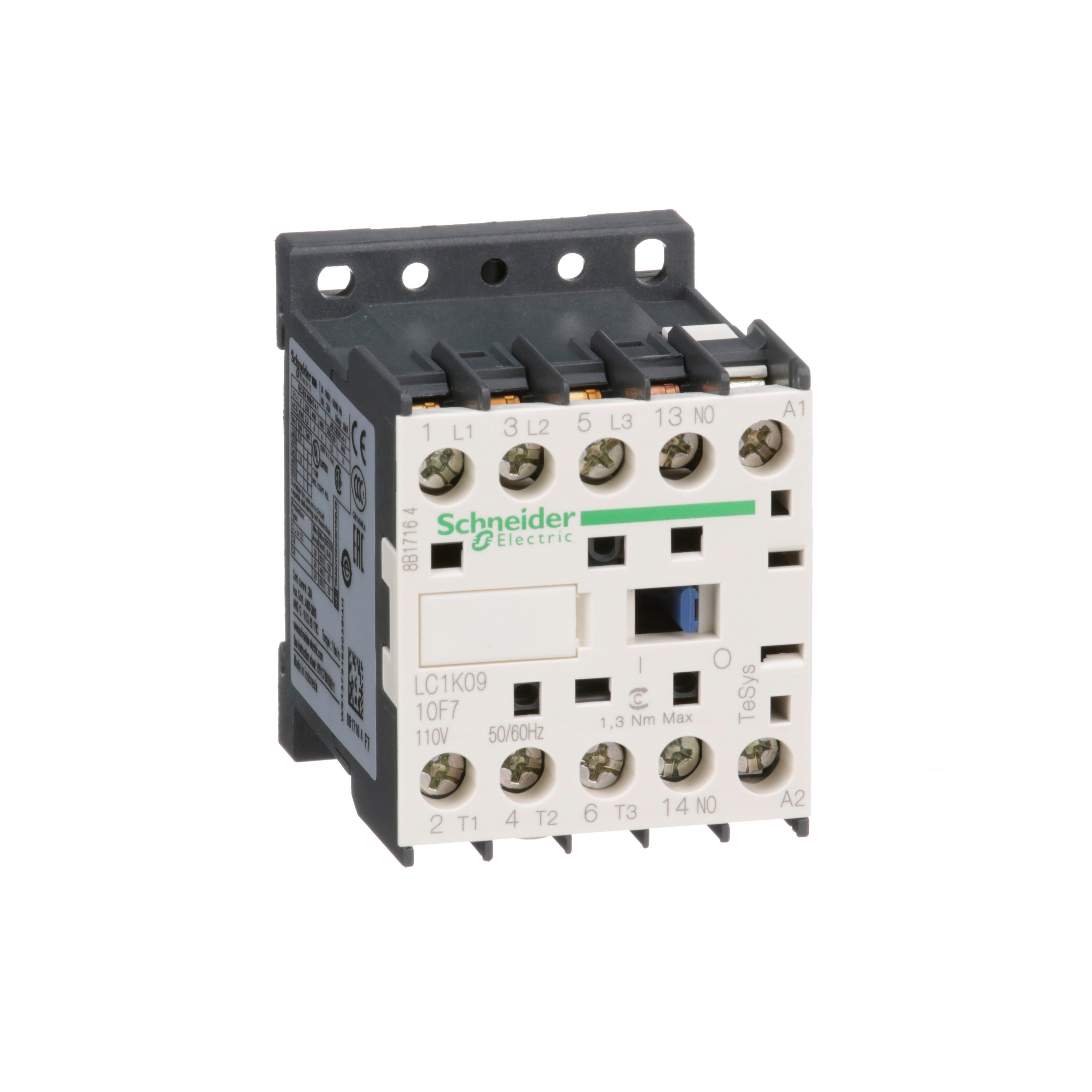 LC1K0910F7 - Contactor, IEC, TeSys K, 9A, 3 P, 5 HP at 480VAC, nonreversing, 1 NO auxilliary contact, 110VAC 50/60 Hz coil