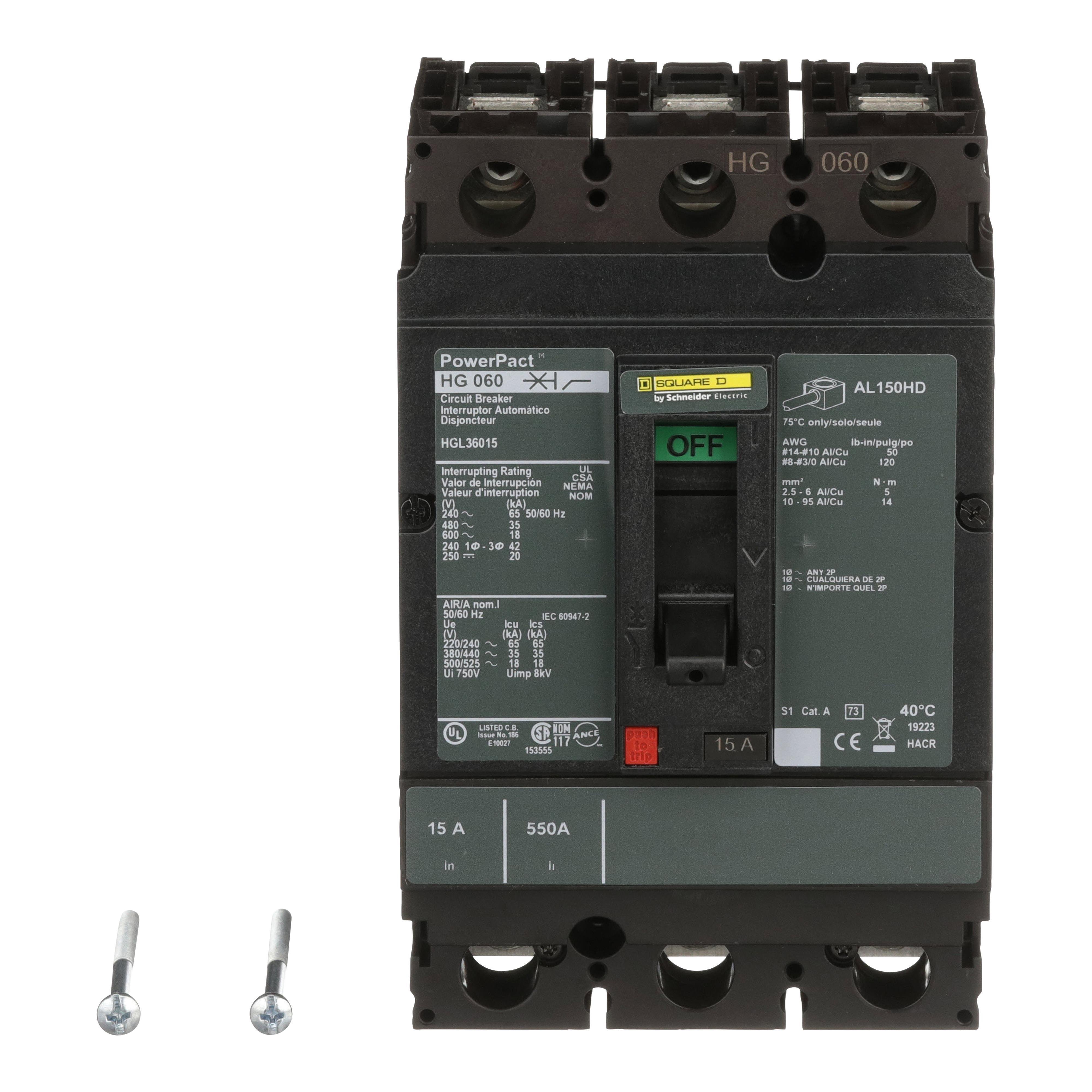 Picture of HGL36015 - Circuit breaker, PowerPacT H, 15A, 3 pole, 600VAC, 18kA, lugs, thermal magnetic, 80%