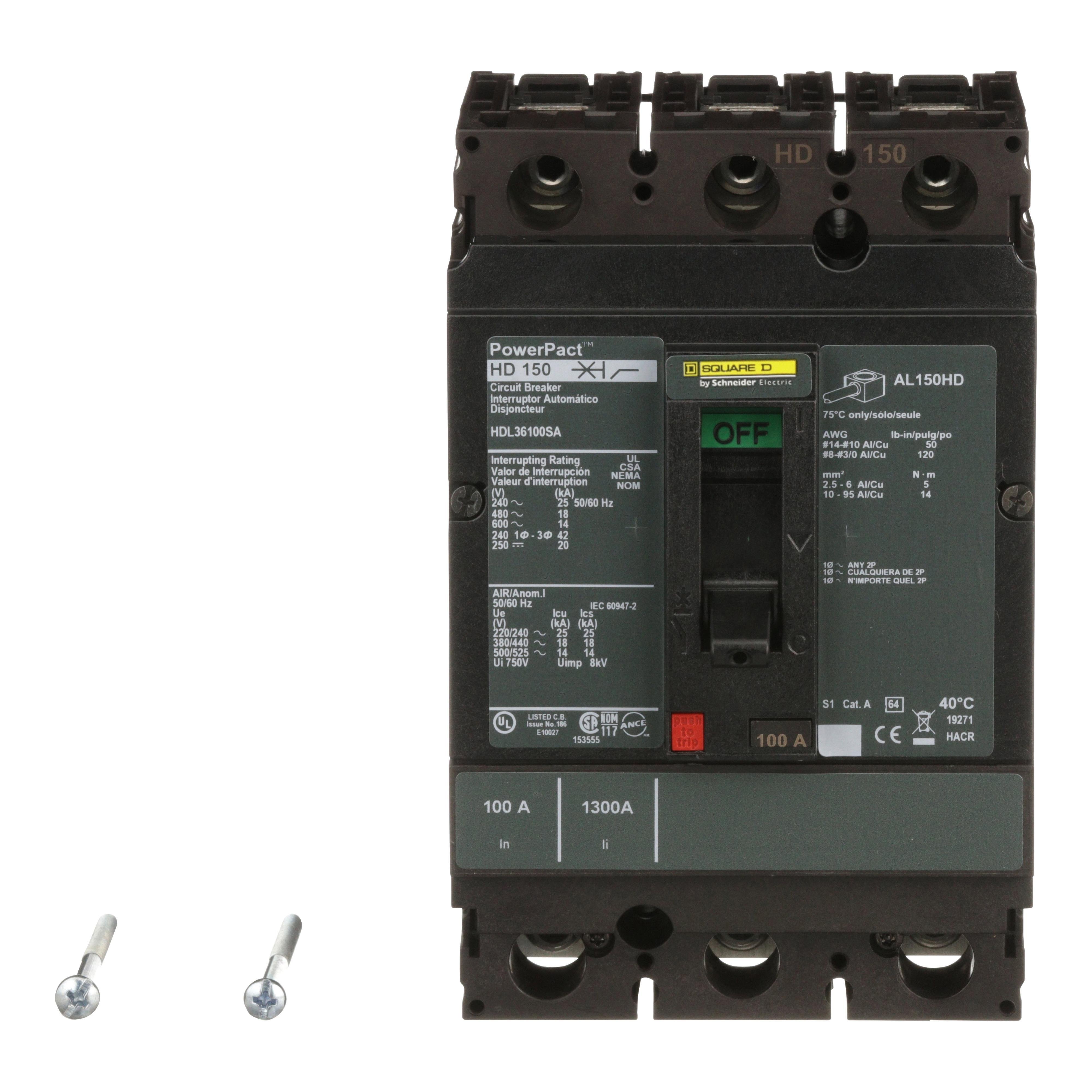 Picture of HDL36100SA - Circuit breaker, PowerPacT H, 100A, 3 pole, 600VAC, 14kA, lugs, thermal magnetic, 80%, shunt