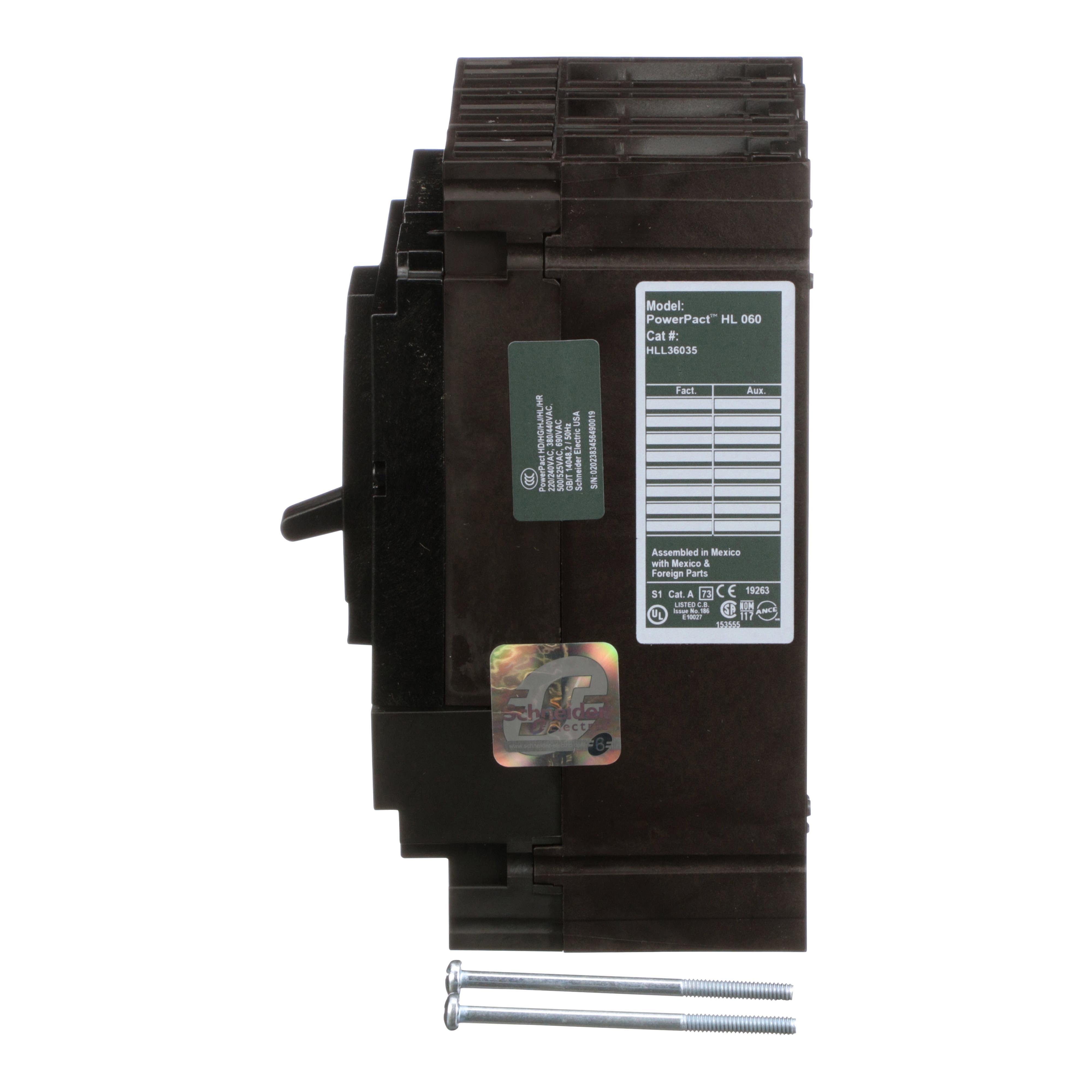 Picture of HLL36035 - Circuit breaker, PowerPacT H, 35A, 3 pole, 600VAC, 50kA, lugs, thermal magnetic, 80%