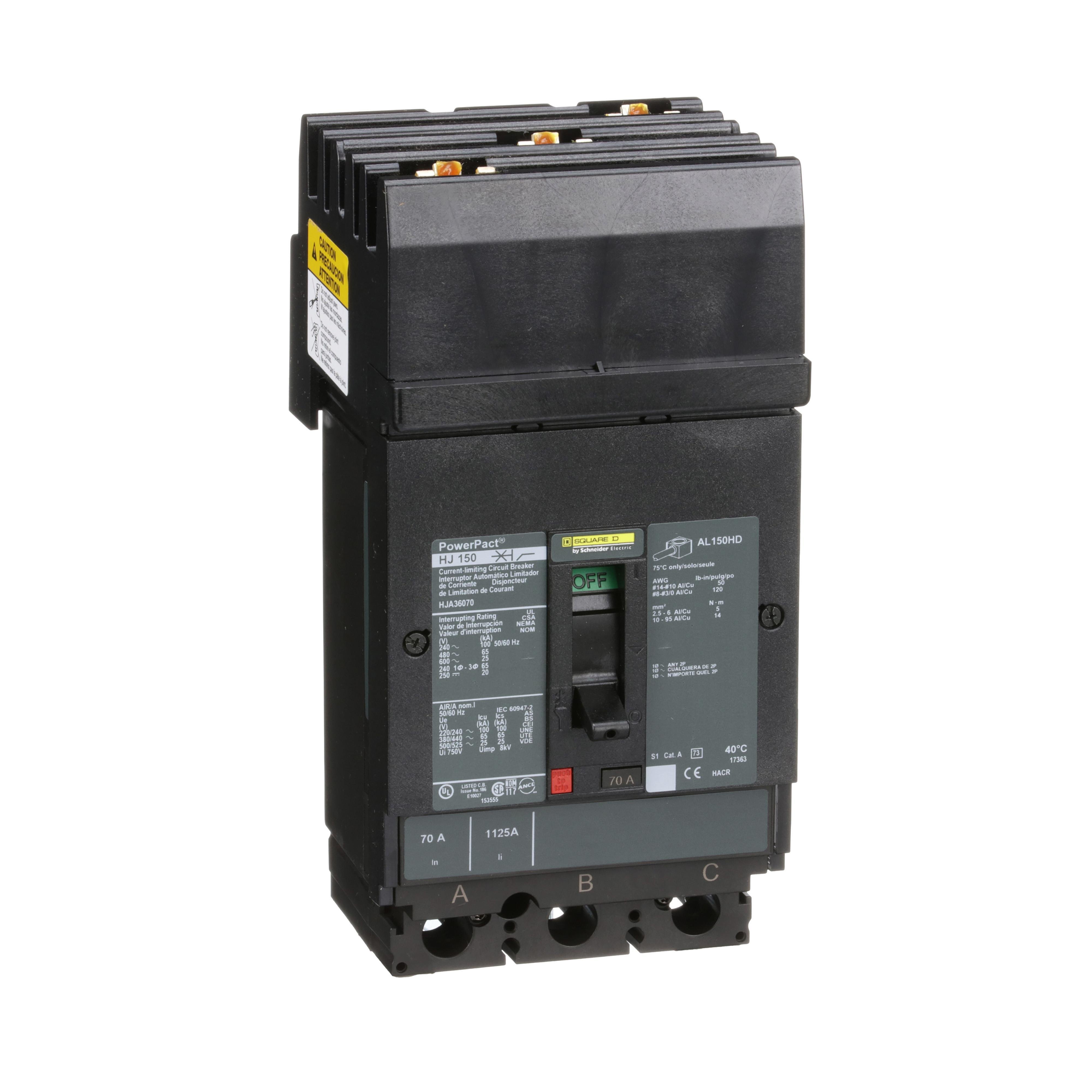 HJA36070 - Circuit breaker, PowerPacT H, 70A, 3 pole, 600VAC, 25kA, I-Line, thermal magnetic, 80%, ABC