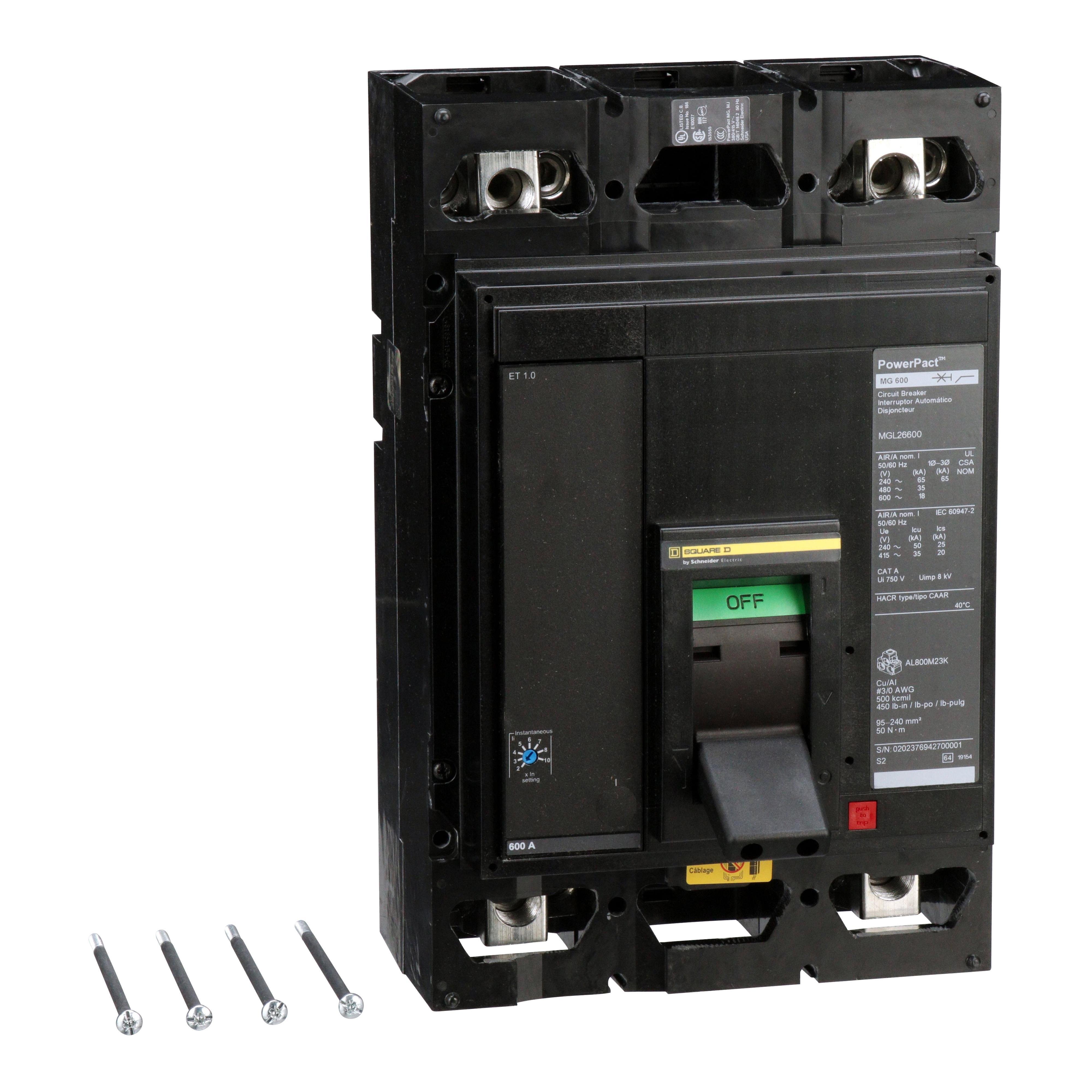MGL26600 - Circuit breaker, PowerPacT M, 600A, 2 pole, 600VAC, 18kA, lugs, ET 1.0, 80%
