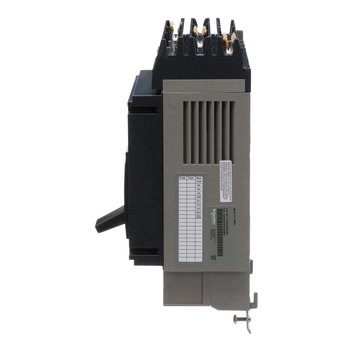 Picture of PJA36100U44A - Circuit breaker, PowerPacT P, 1000A, 3 pole, 600VAC, 25kA, I-Line, Micrologic 6.0A, 80%, ABC