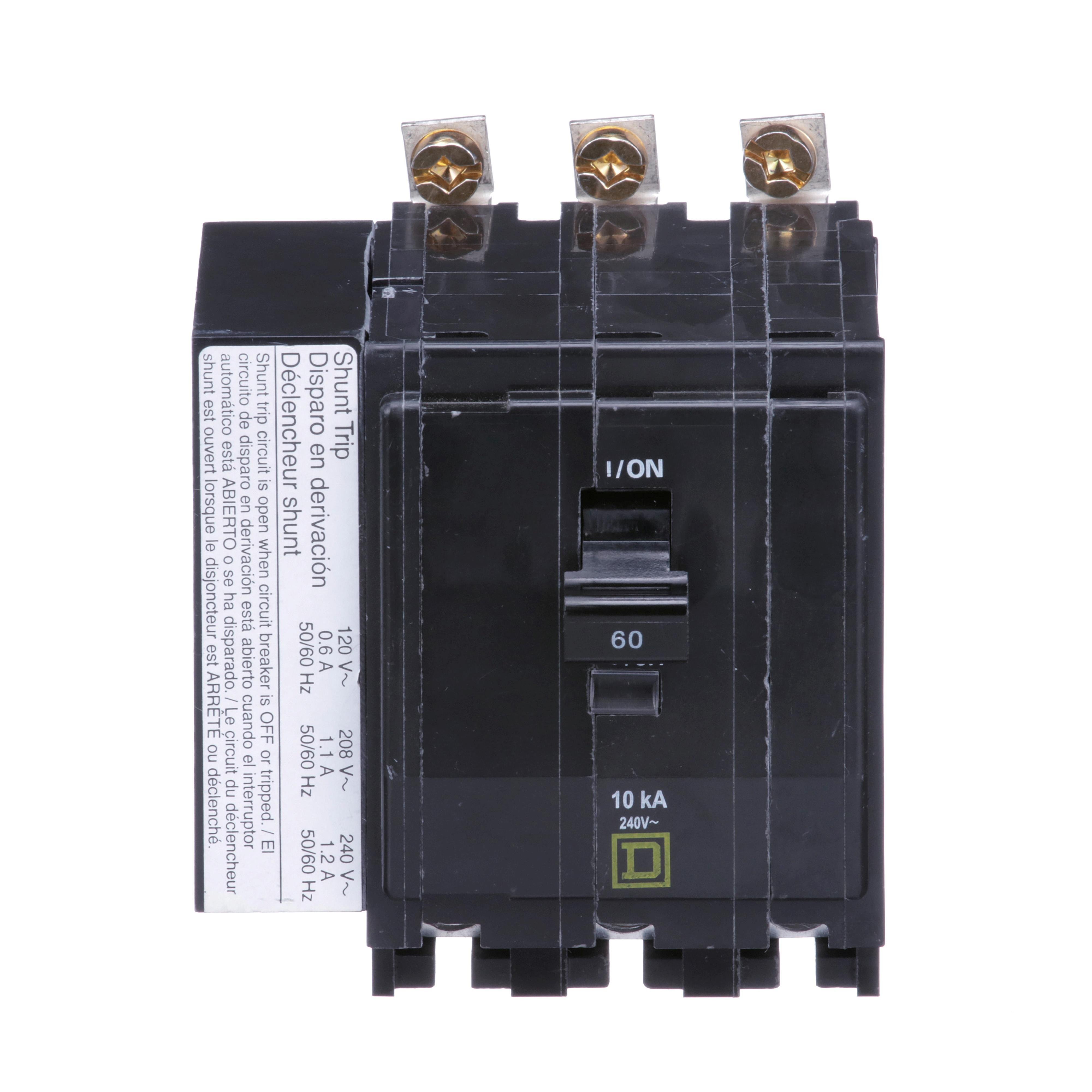 Picture of QOB3601021 - Mini circuit breaker, QO, 60A, 3 pole, 120/240VAC, 10kA, bolt on, AC shunt