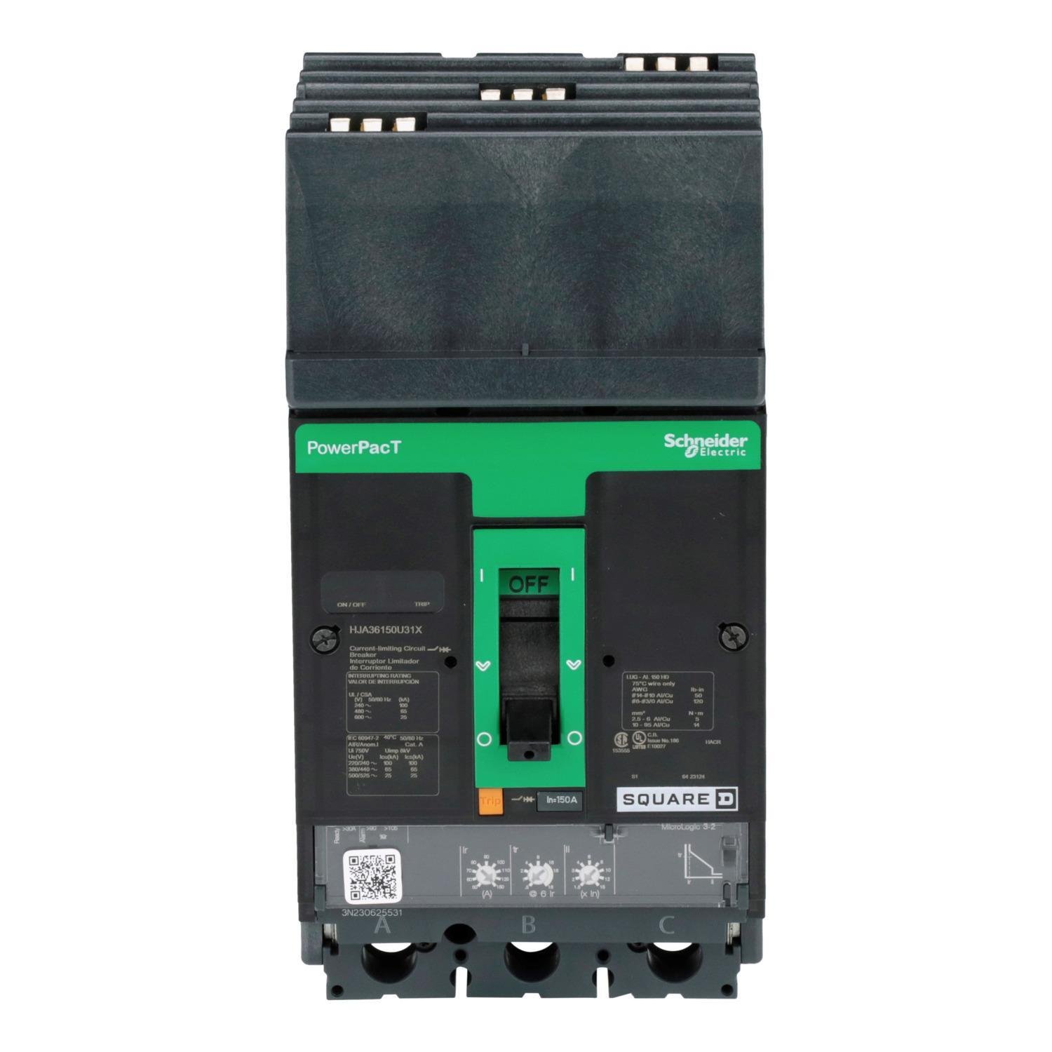 HJA36150U31X - Circuit breaker, PowerPacT H, 150A, 3 pole, 600VAC, 25kA, I-Line, Micrologic 3.2, 80%, ABC