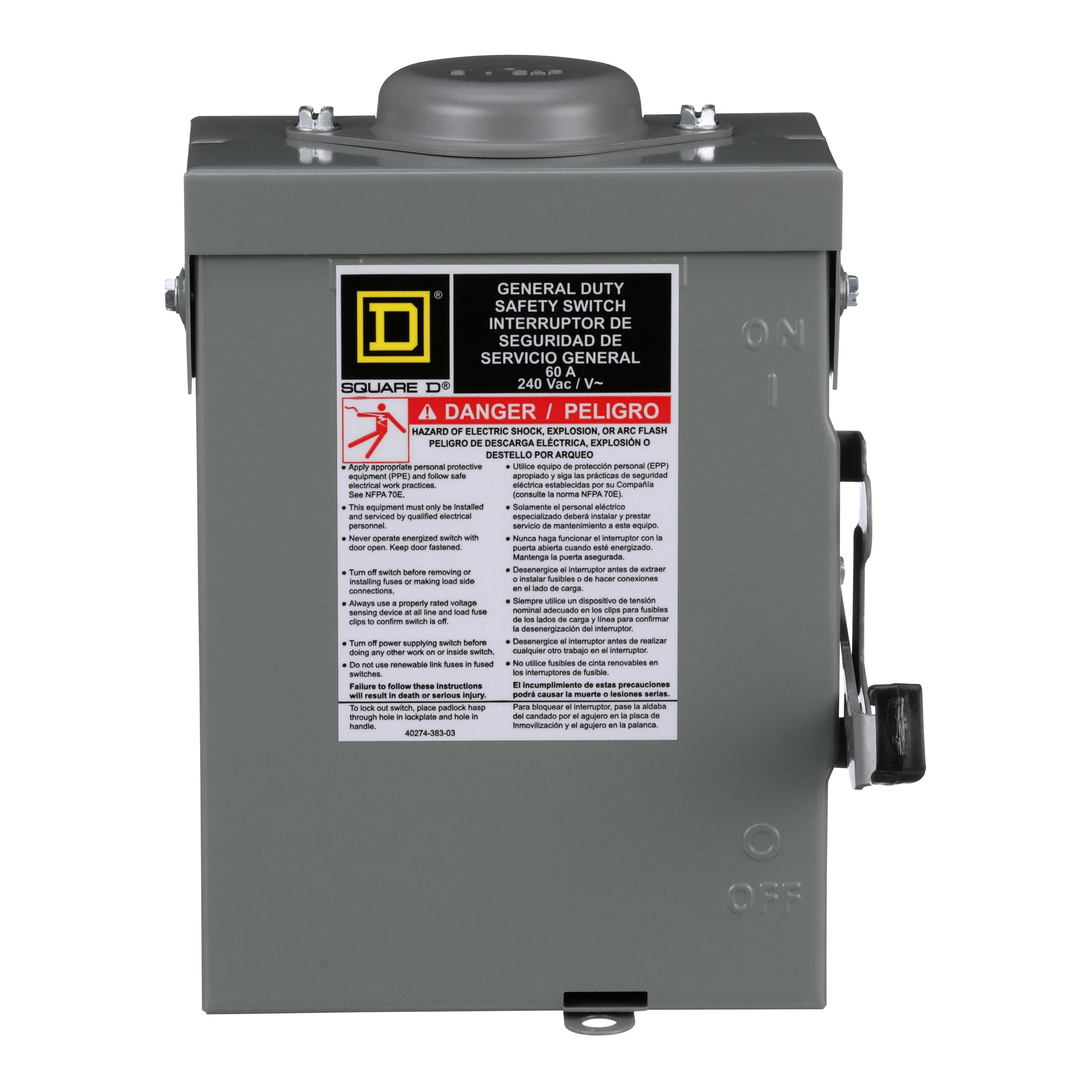 DU222RBUP - Safety switch, general duty, non fusible, 60A, 2 pole, 2 wire, 10hp, 240VAC, NEMA 3R, bolt on hub provision
