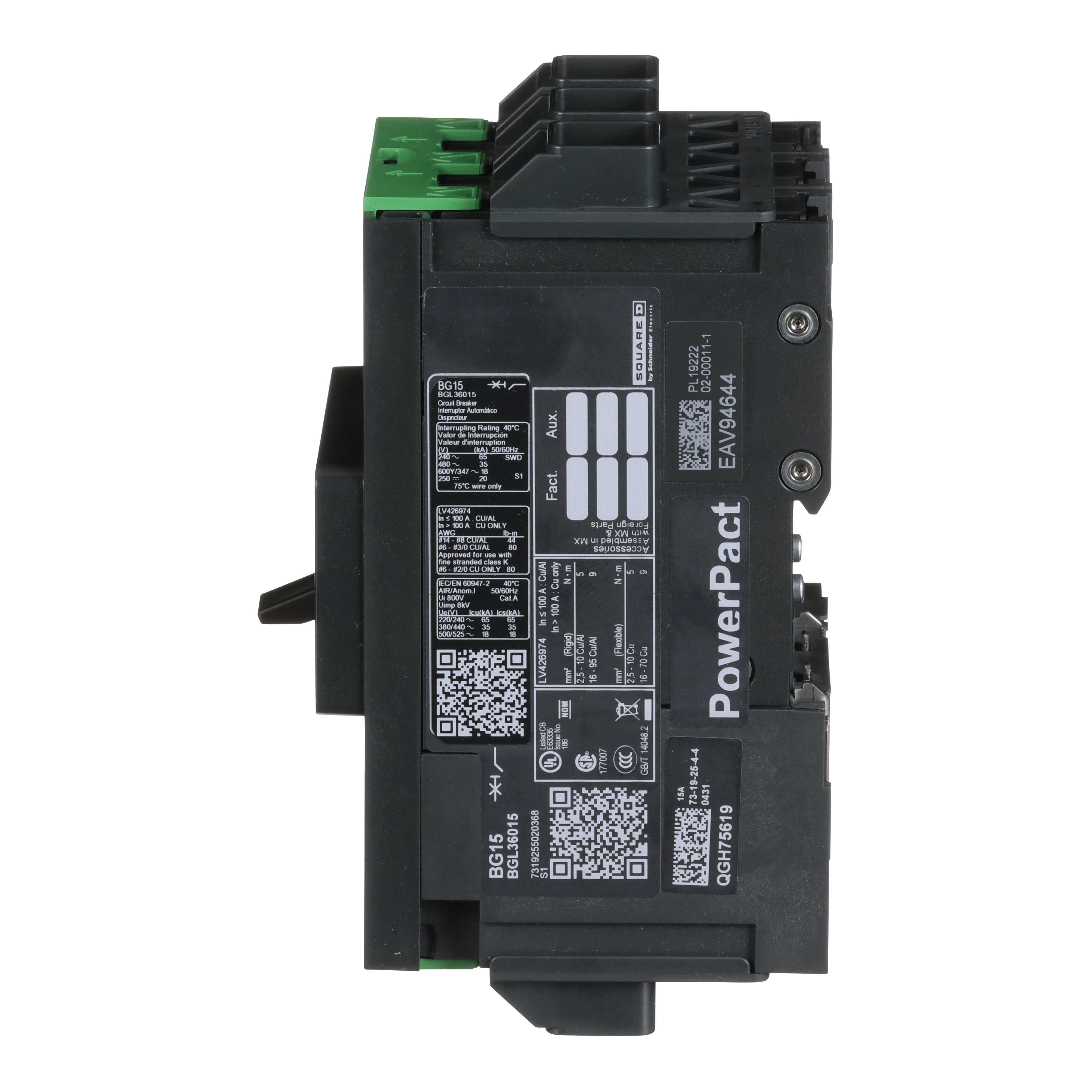 Picture of BGL36015 - Circuit breaker, PowerPacT B, 15A, 3 pole, 600Y/347VAC, 18kA, lugs, thermal magnetic, 80%