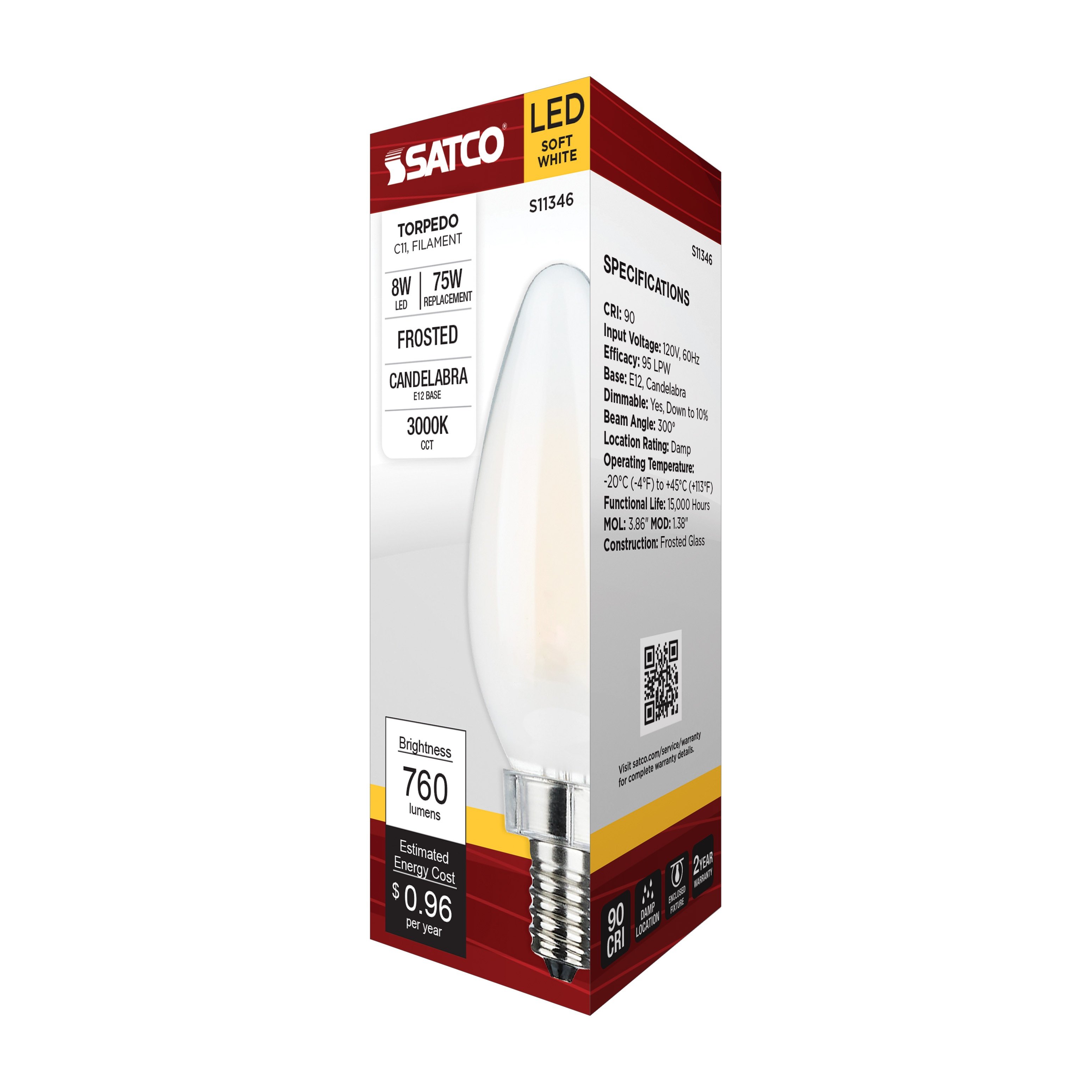 Picture of S11346 - 8 Watt C11 LED - Frosted Finish - Candelabra Base - 3000K - 90 CRI - 800 Lumens - 120 Volt