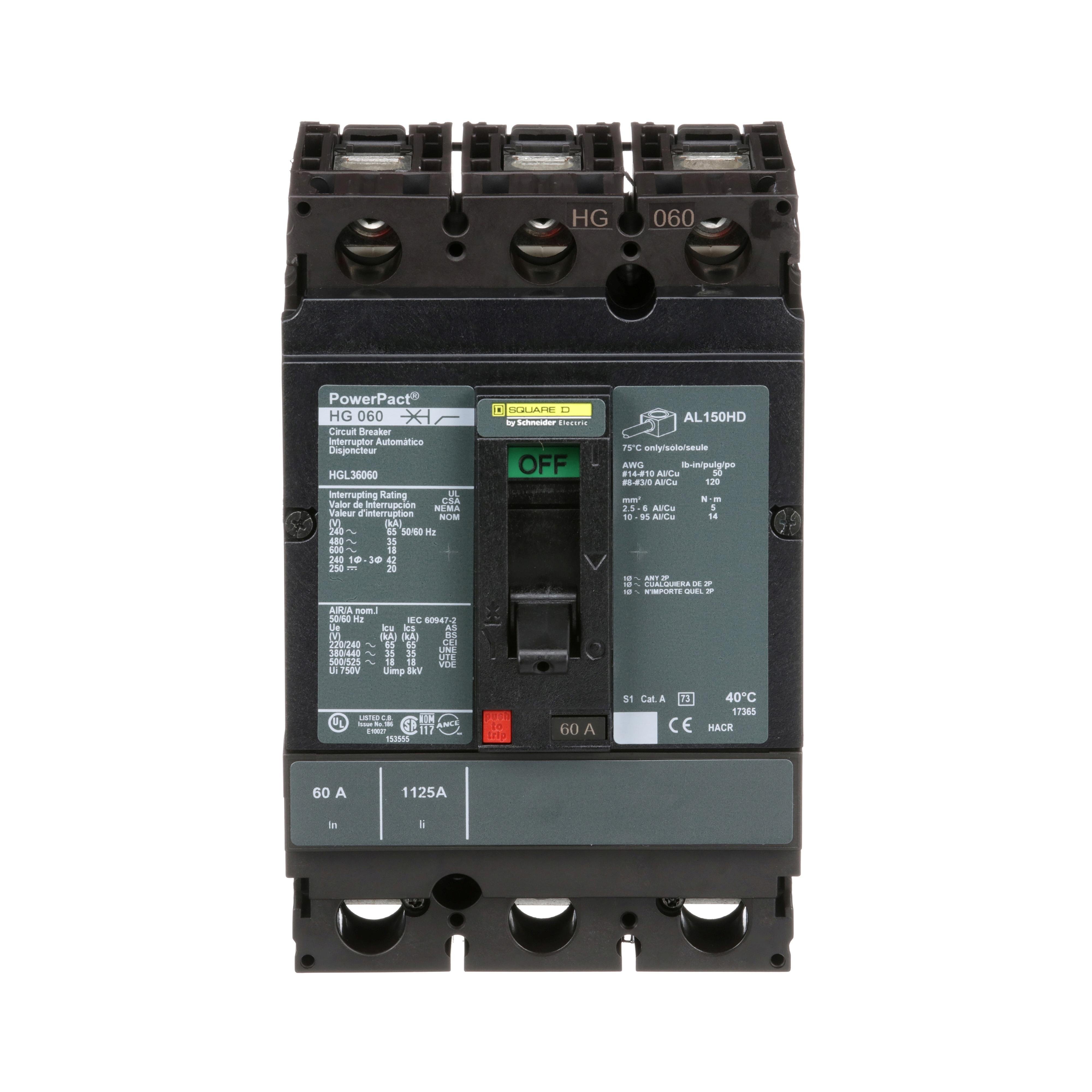Picture of HGL36060 - Circuit breaker, PowerPacT H, 60A, 3 pole, 600VAC, 18kA, lugs, thermal magnetic, 80%