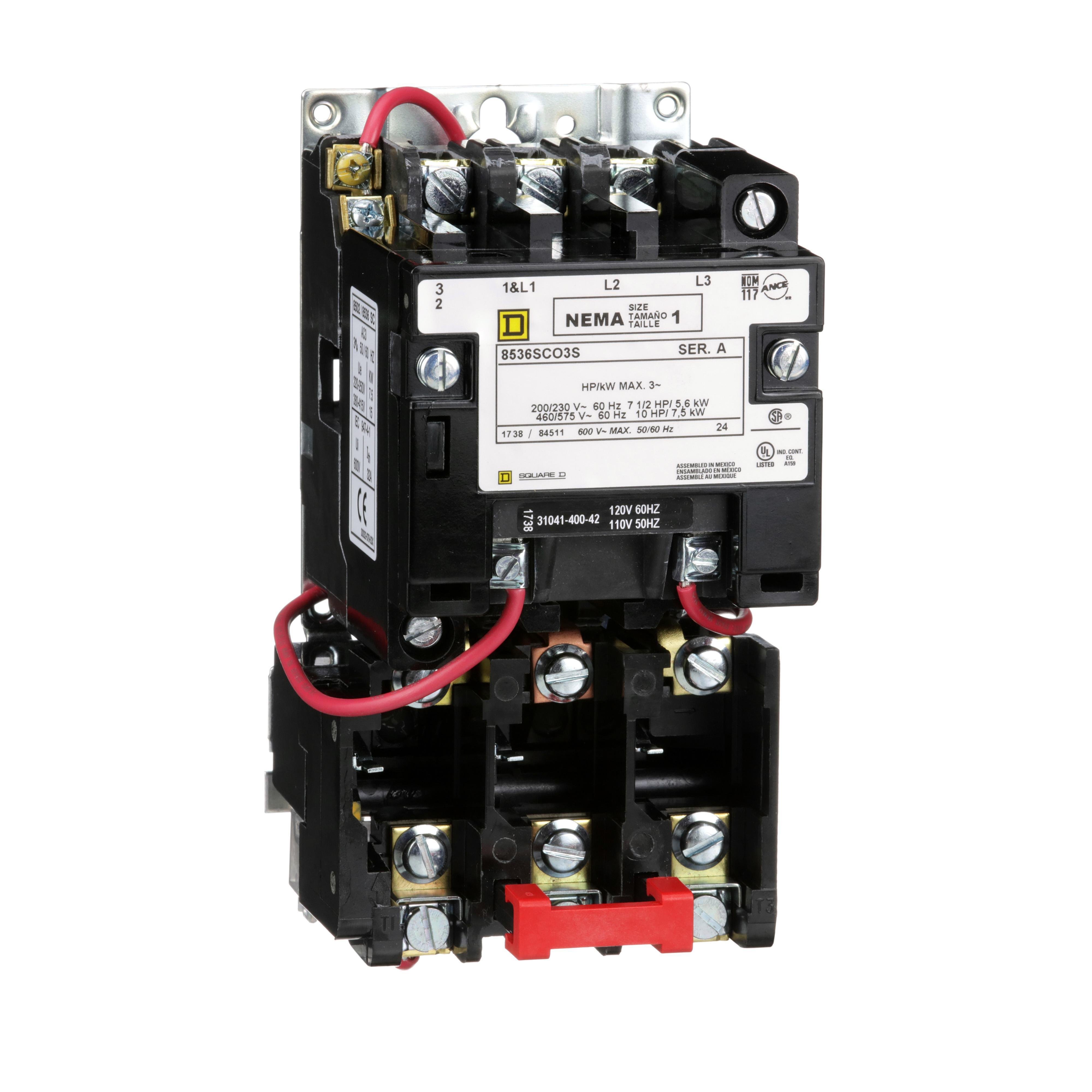 Picture of 8536SCO3V02S - NEMA motor starter, Type S, nonreversing, Size 1, 27A, 10HP at 460VAC, 5kA SCCR, 3 phase, 3 pole, melting alloy, 120VAC coil, open