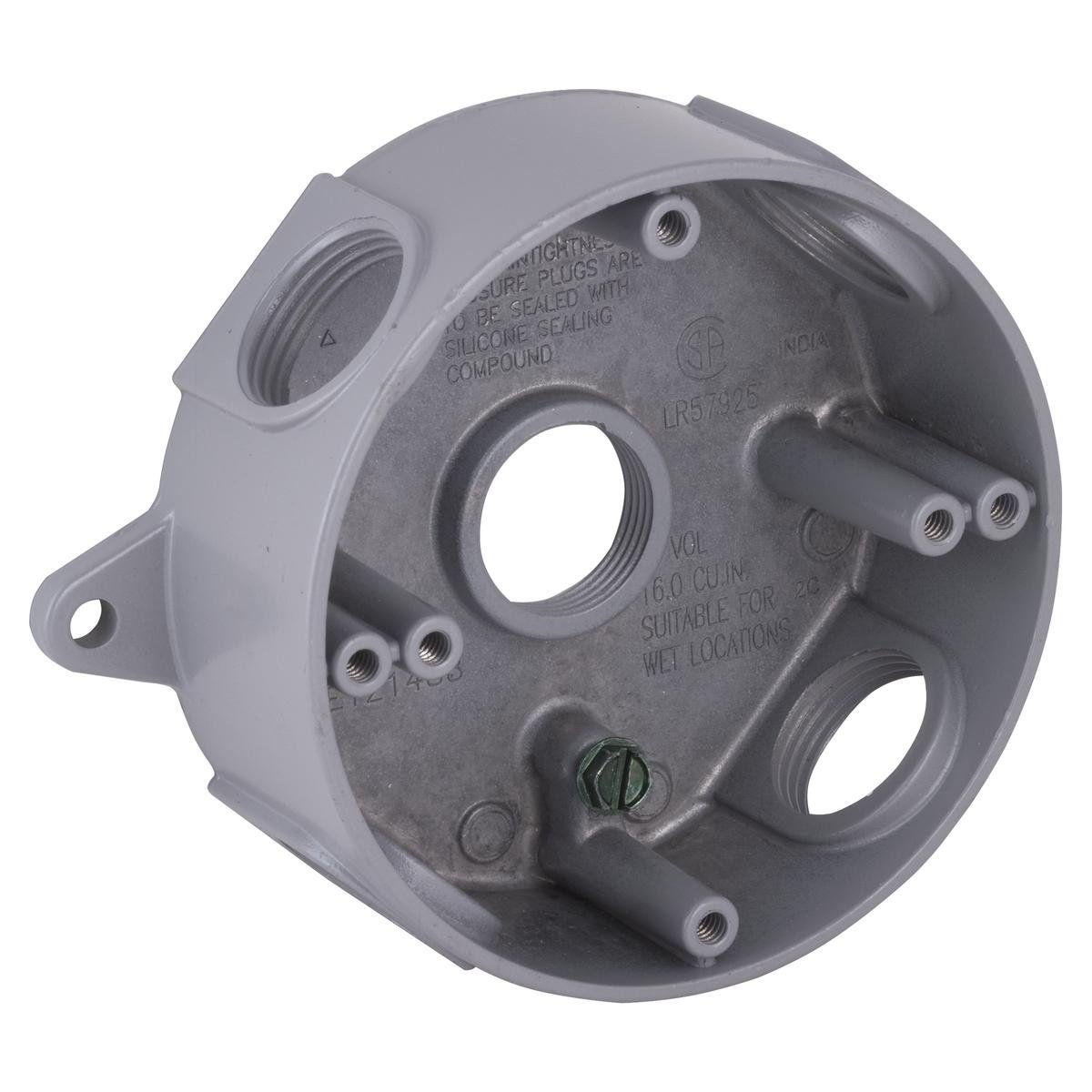 5372-0 - Round Weatherproof Box, Five 3/4 in. Threaded Outlets, Gray