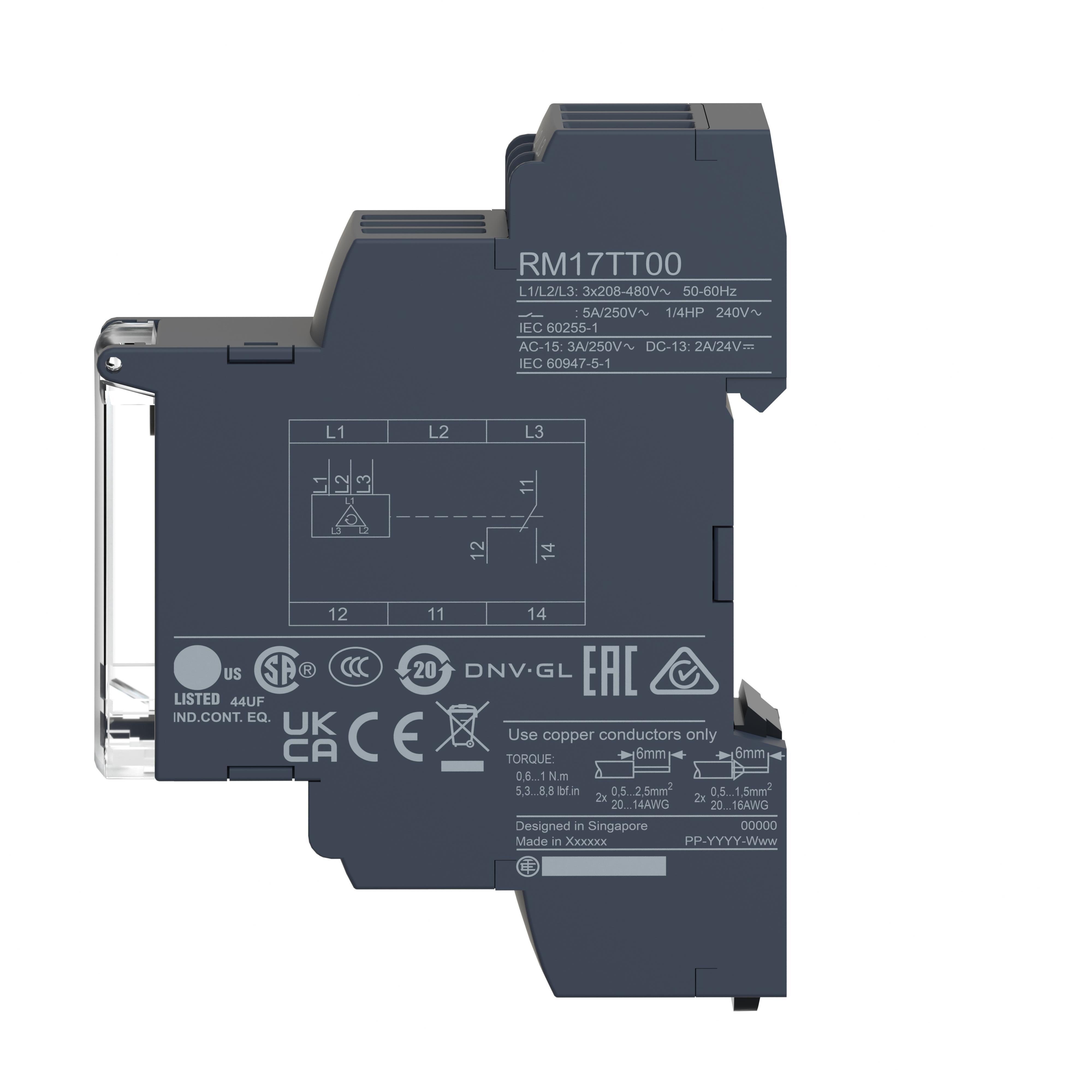 Picture of RM17TT00 - 3-phase control relay, Harmony Control Relays, 5A, 1CO, phase failure detection, 208...480V AC