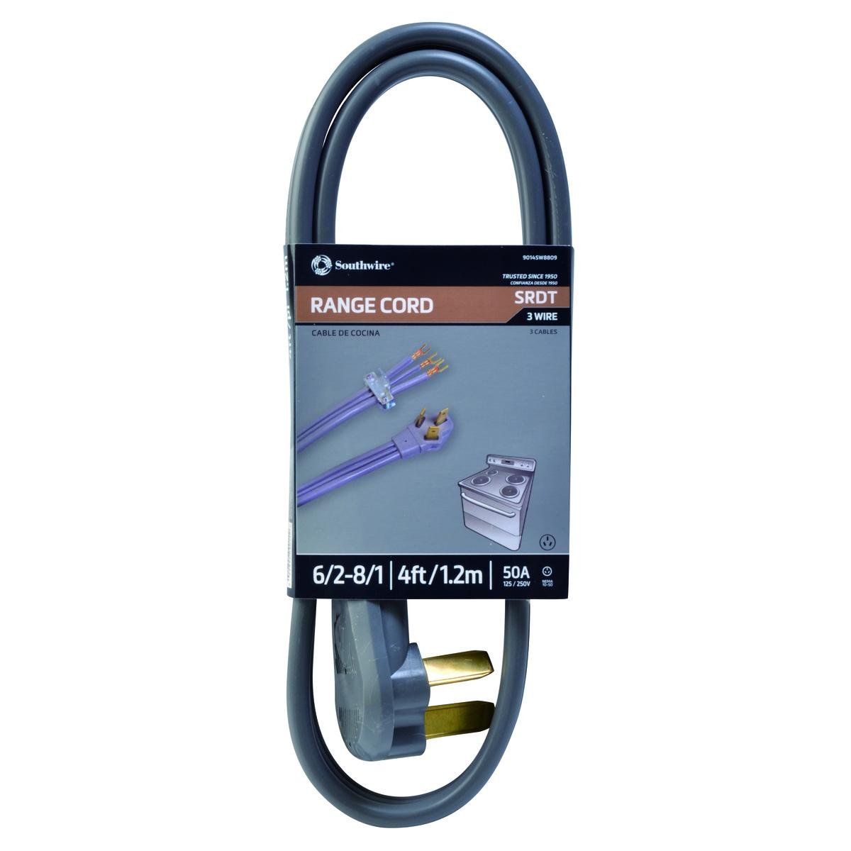 Picture of 01914-89-09 - 9014SW8809 - Southwire 9014SW8809 Range Replacement Cord - 6/2-8/1 50-Amp Flat SRDT 3-Wire 4' with NEMA 10-50 Plug - Gray