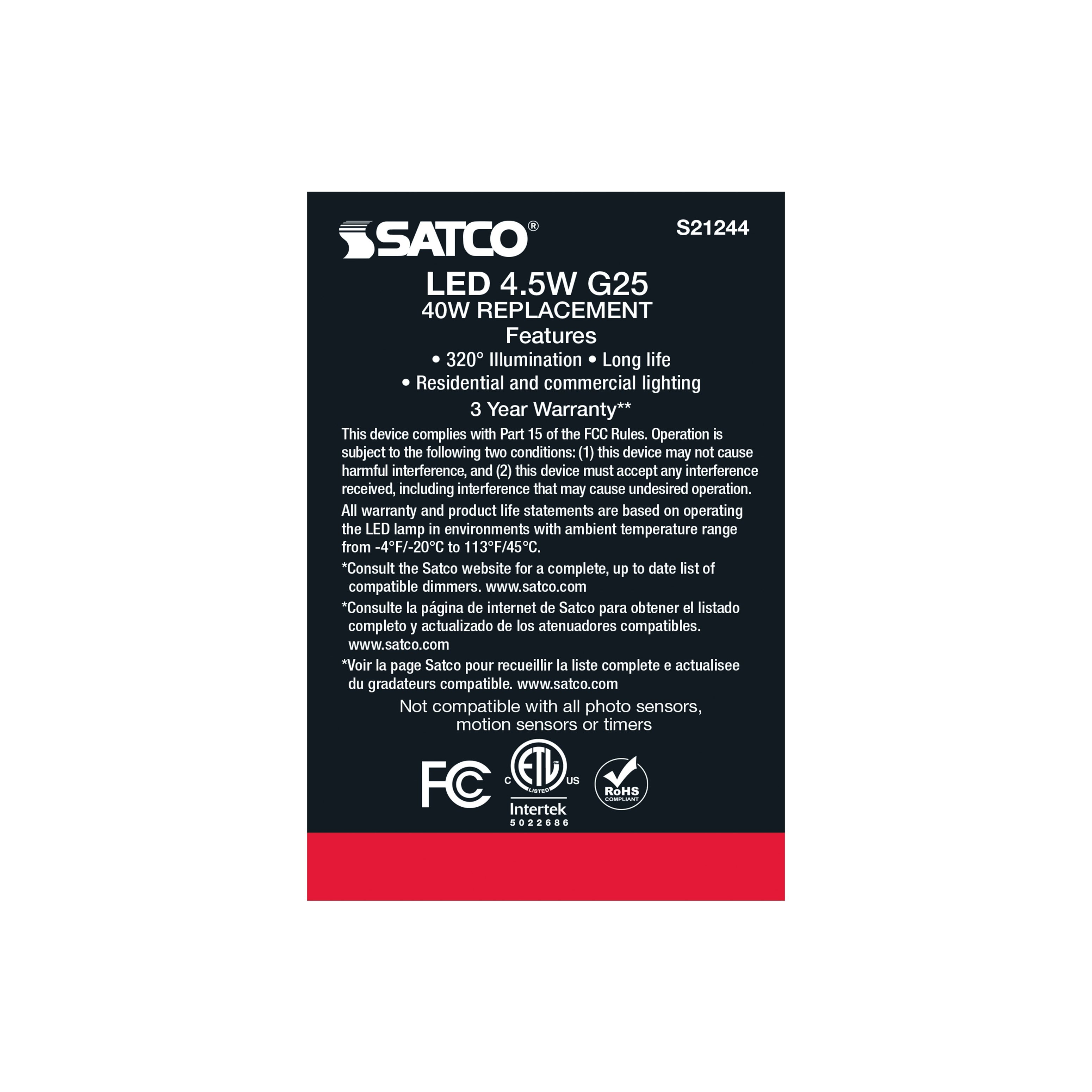 Picture of S21244 - 4.5 Watt G25 LED - White - Medium base - 90 CRI - 2700K - 120 Volt - 2 Pack