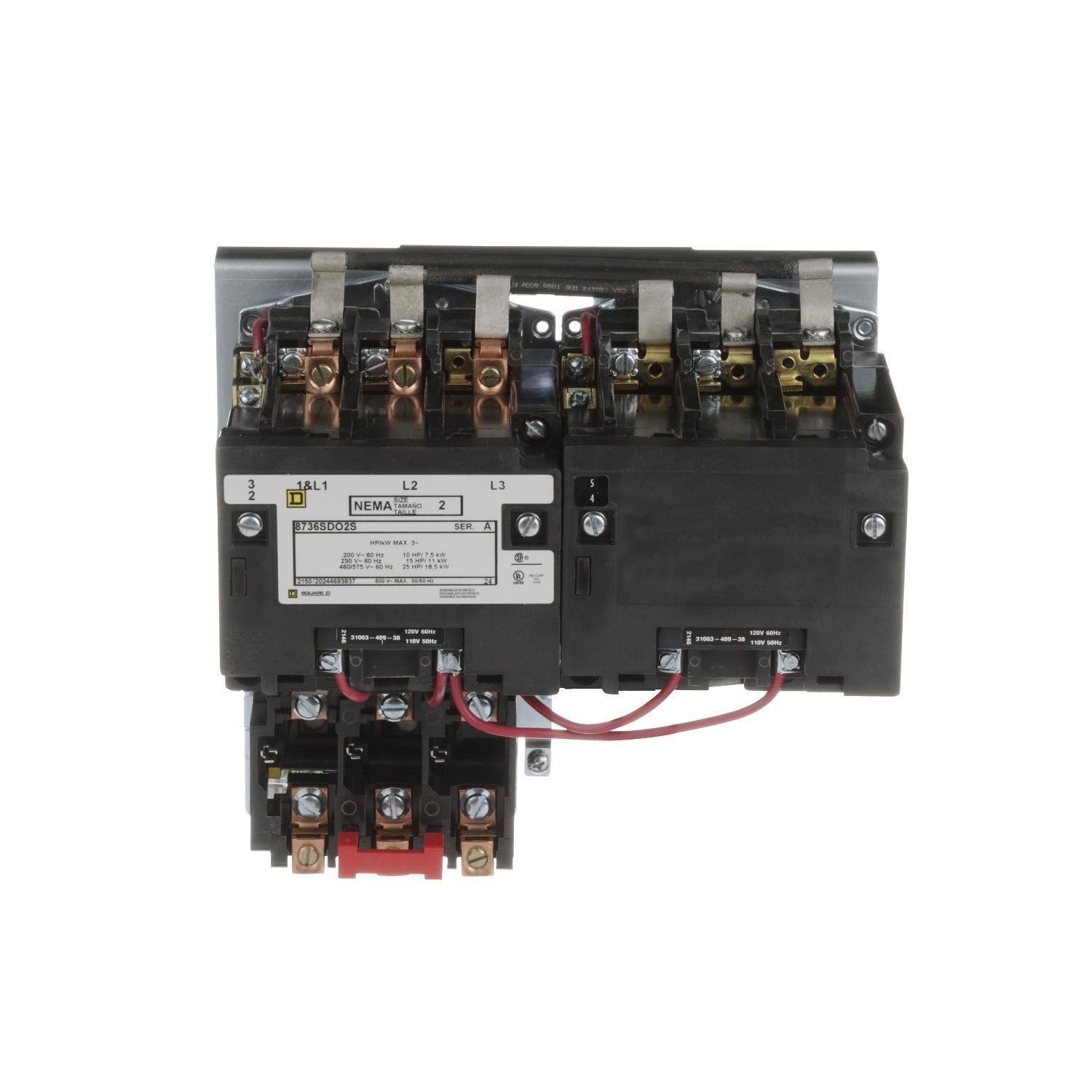 8736SDO2V02S - NEMA starter, Type S, reversing, horizontal, Size 2, 45A, 25HP at 575VAC, 5kA SSCR, 3 phase, 3 pole, melting alloy overload, 120VAC coil, open [TAA]