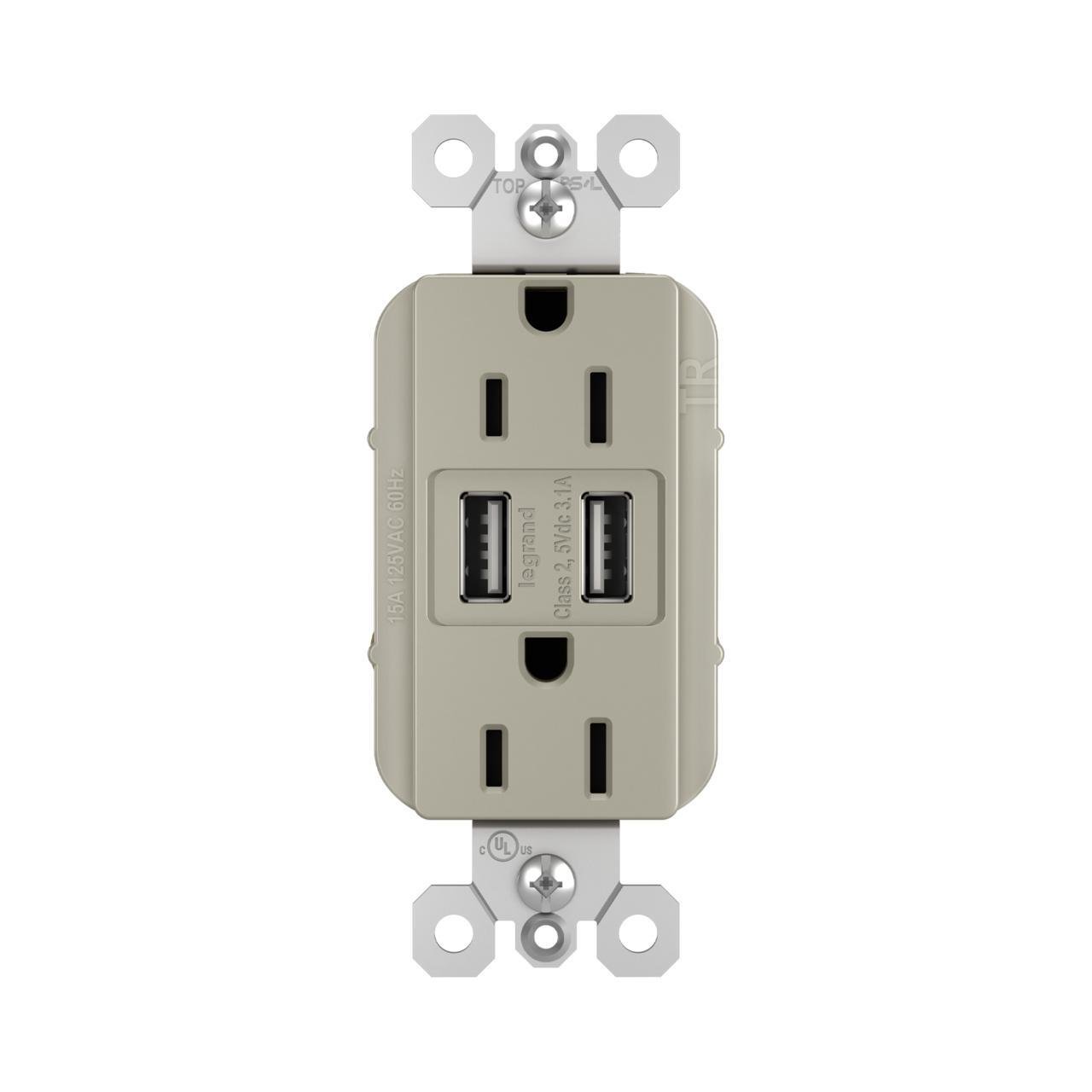 TM-826USBNICC6 - radiant® 15A Tamper-Resistant USB Outlet, Nickel