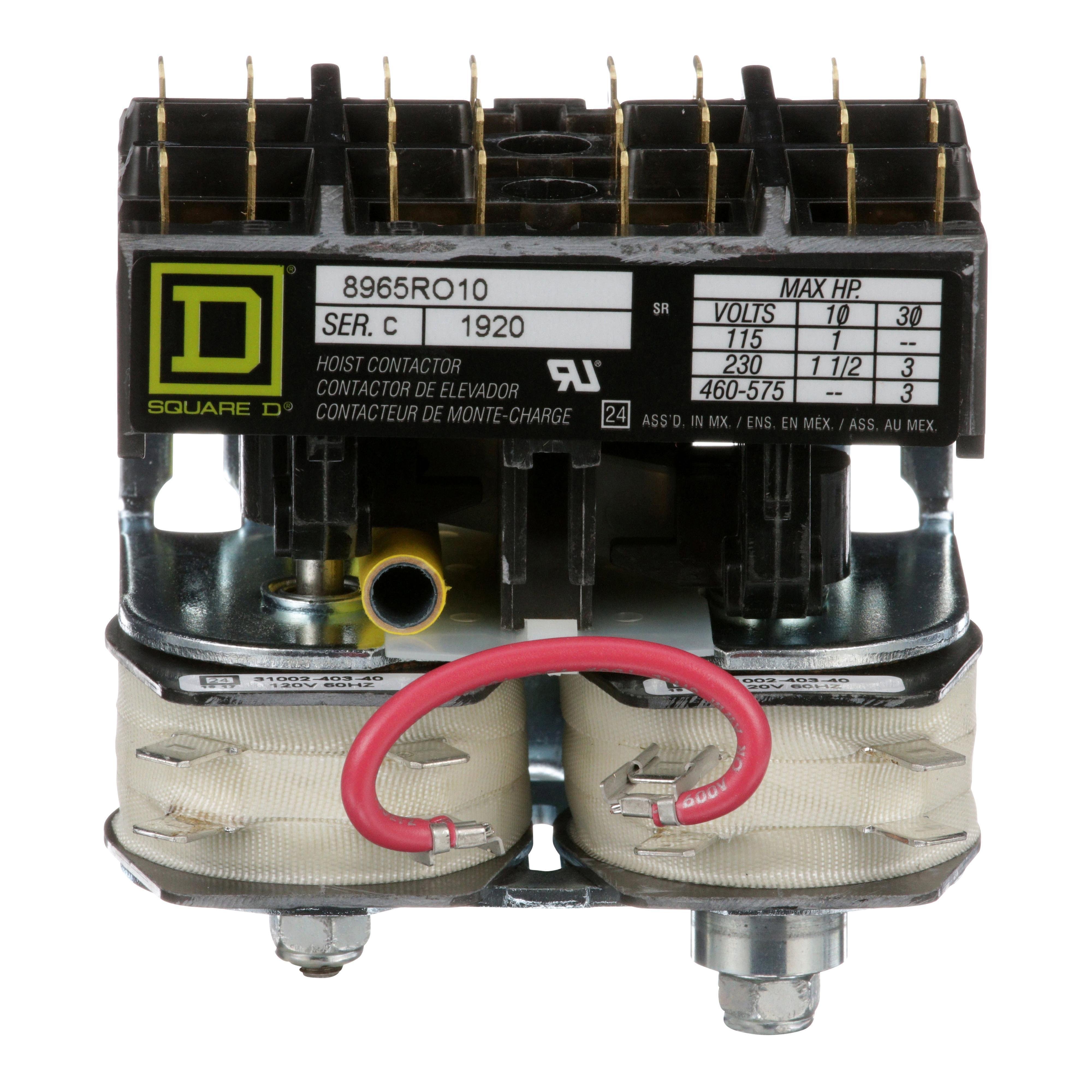 8965RO10V02 - Contactor, 8965RO, hoist, reversing, 3hp at 480VAC, 3 phase, 120VAC coil, quick connect terminals. open style