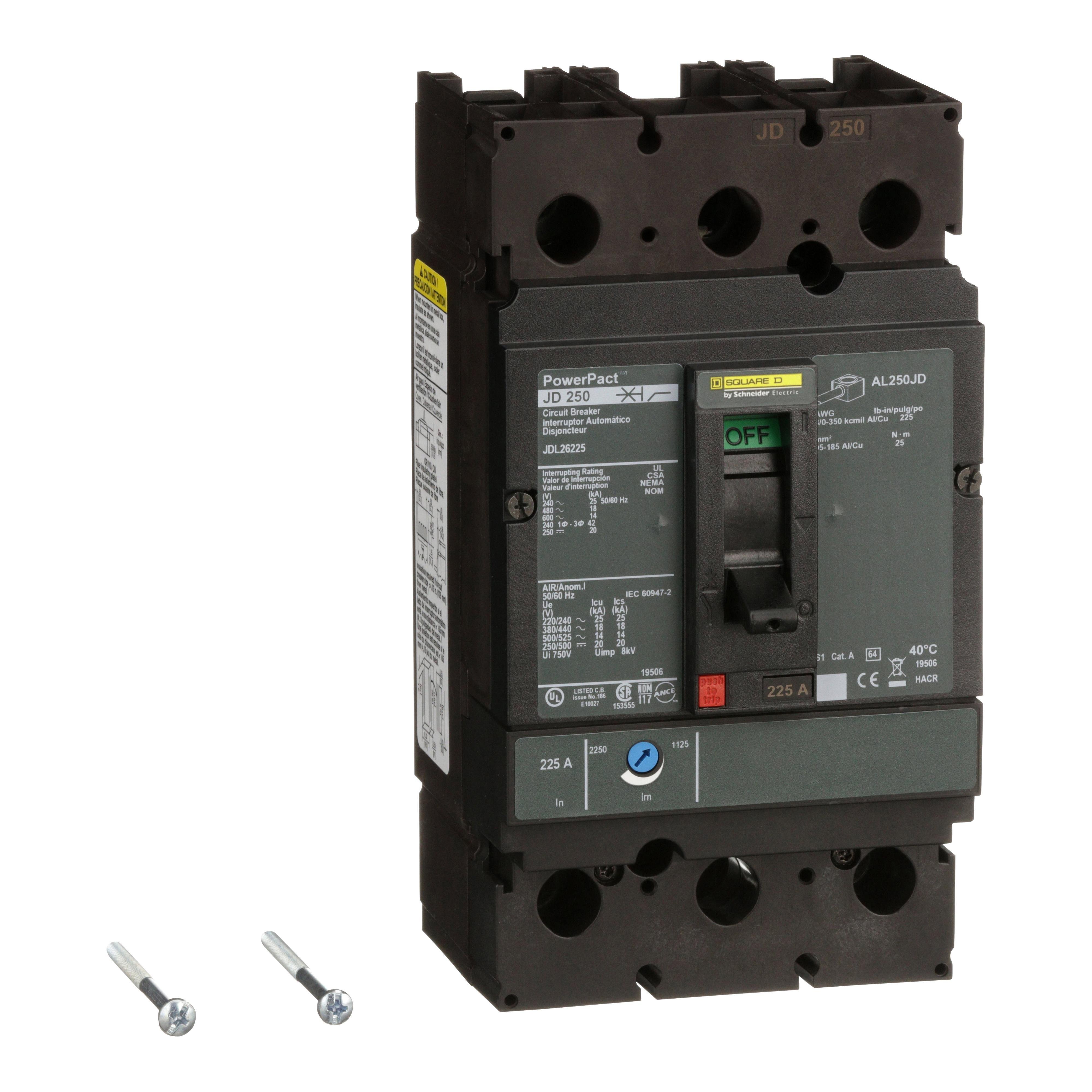JDL26225 - Circuit breaker, PowerPacT J, 225A, 2 pole, 600VAC, 14kA, lugs, thermal magnetic, 80%