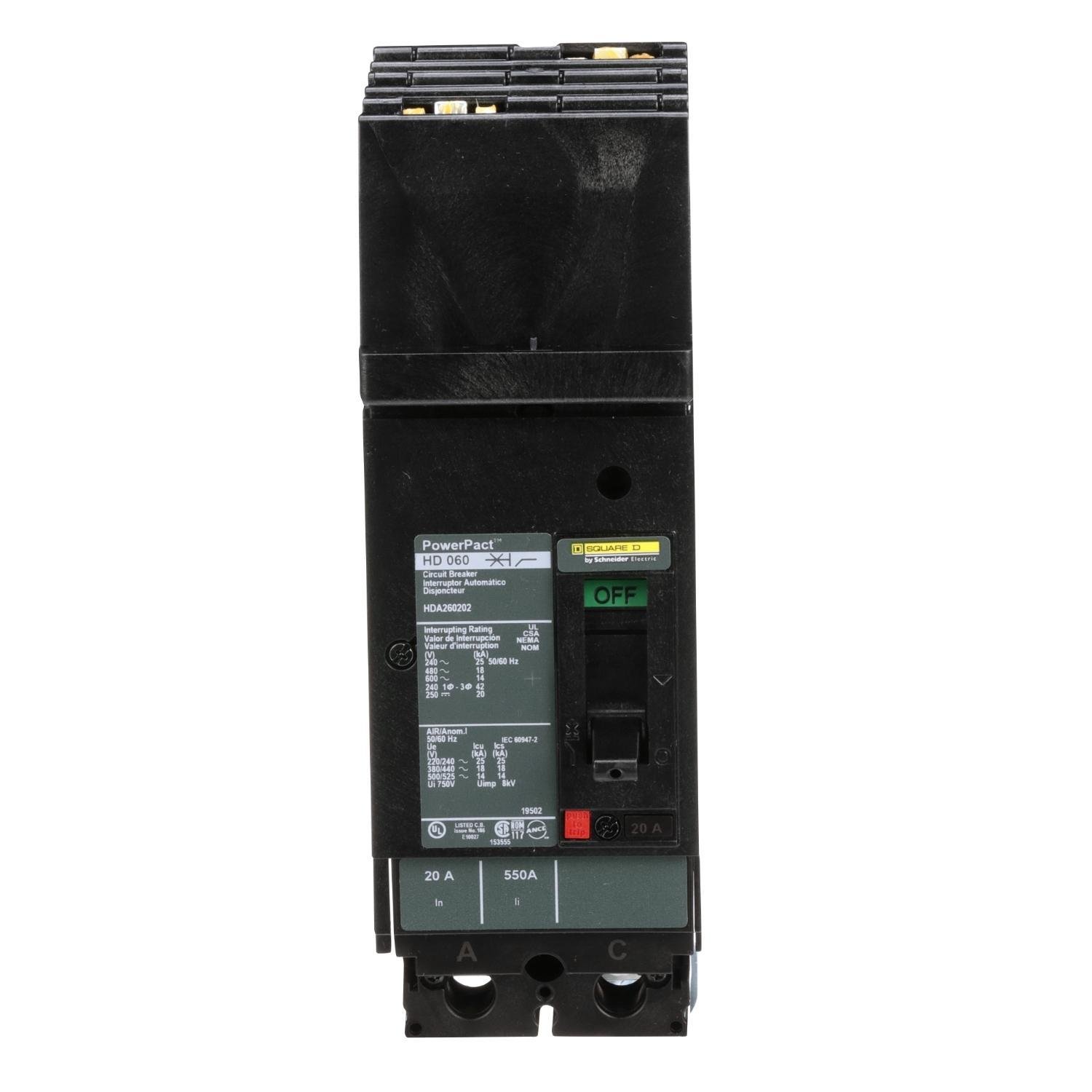 HDA260202 - Circuit breaker, PowerPacT H, 20A, 2 pole, 600VAC, 14kA, I-Line, thermal magnetic, 80%, AC