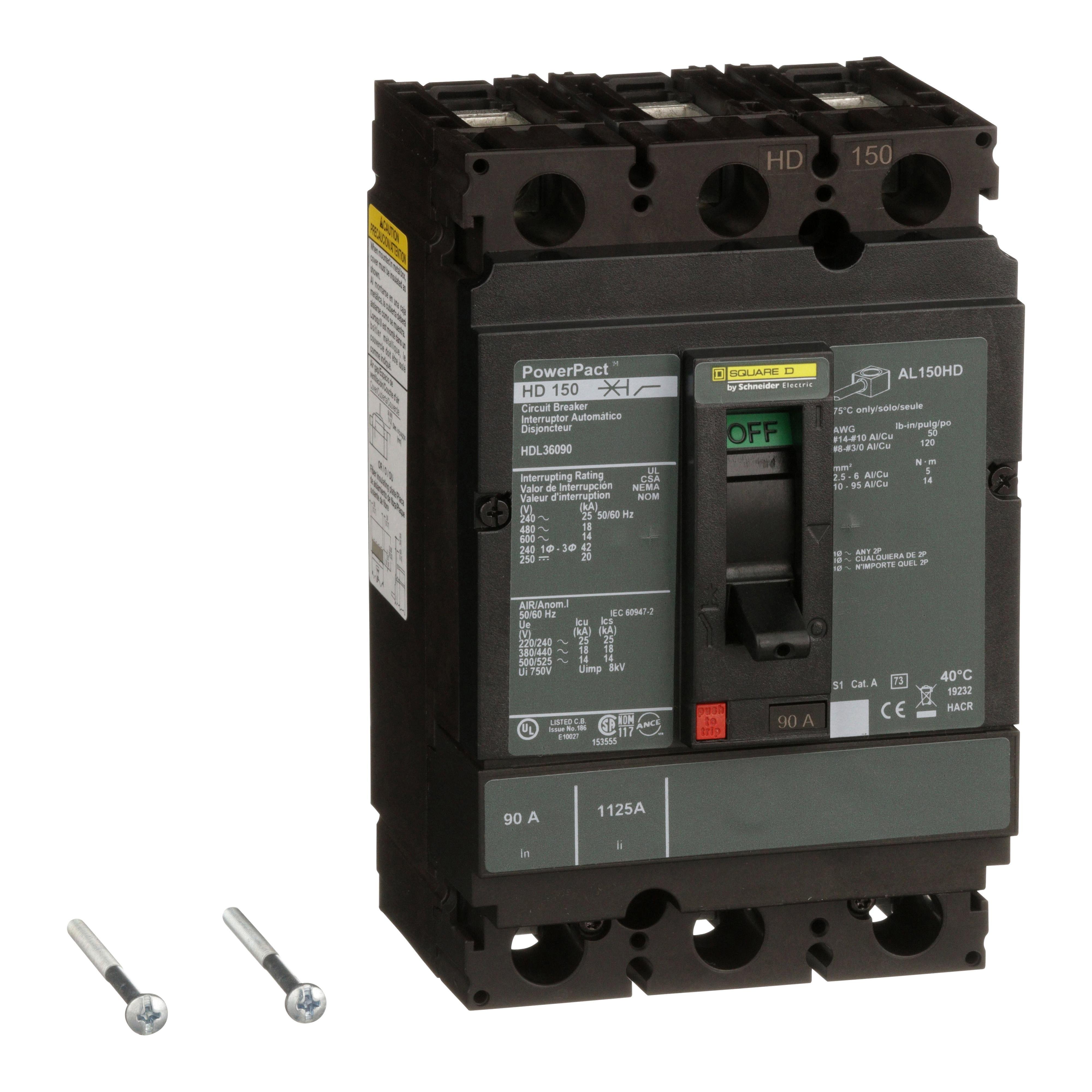 Picture of HDL36090 - Circuit breaker, PowerPacT H, 90A, 3 pole, 600VAC, 14kA, lugs, thermal magnetic, 80%
