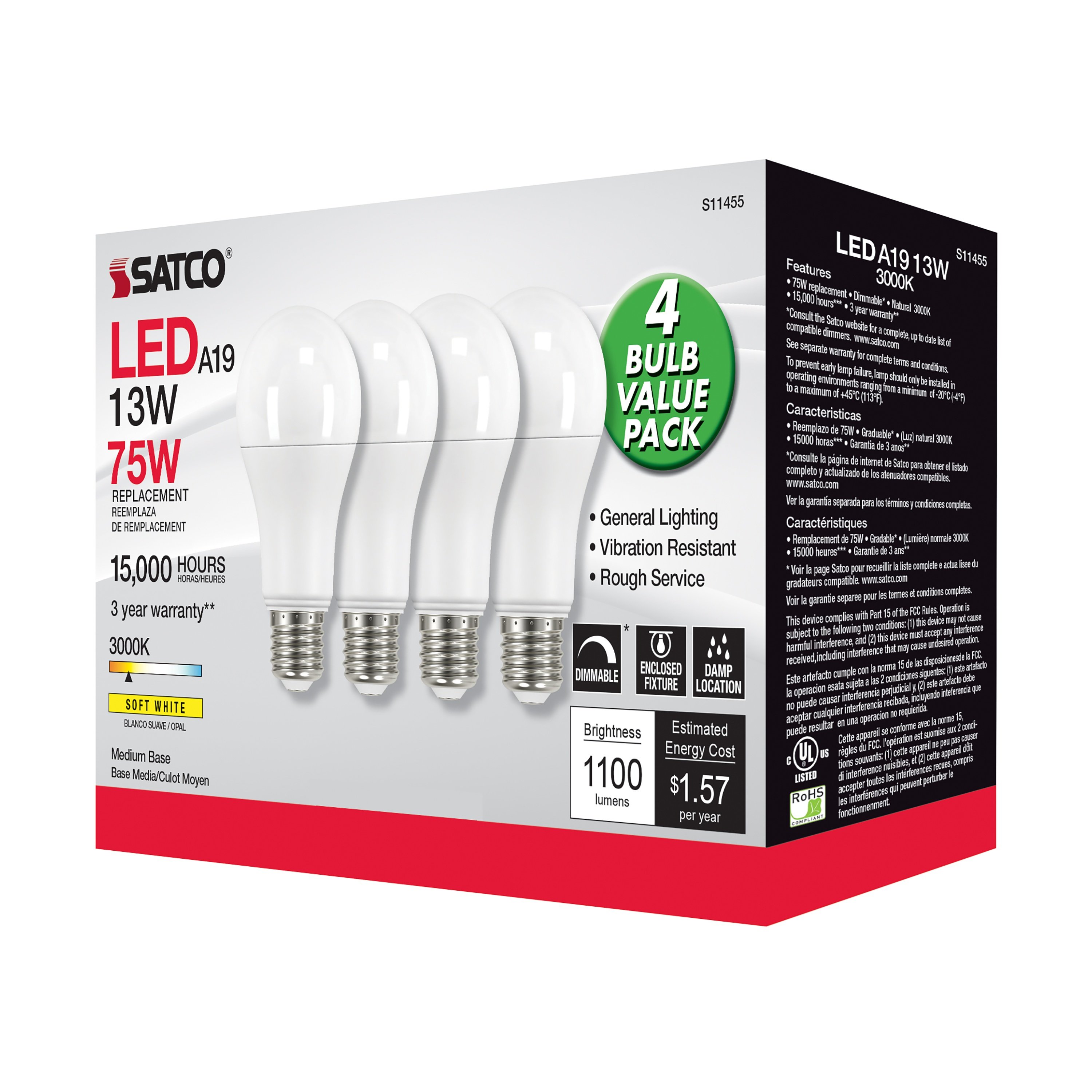 Picture of S11455 - 13 Watt A19 LED - 3000K - Dimmable - Medium base - 230 deg. Beam Angle - 4-pack