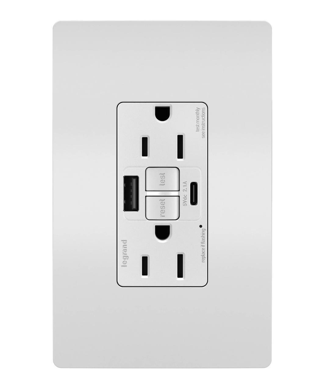 Picture of 1597TRUSBACW - radiant® Tamper-Resistant 15A Duplex Self-Test GFCI Receptacles with SafeLock® Protection, USB Type A/C White