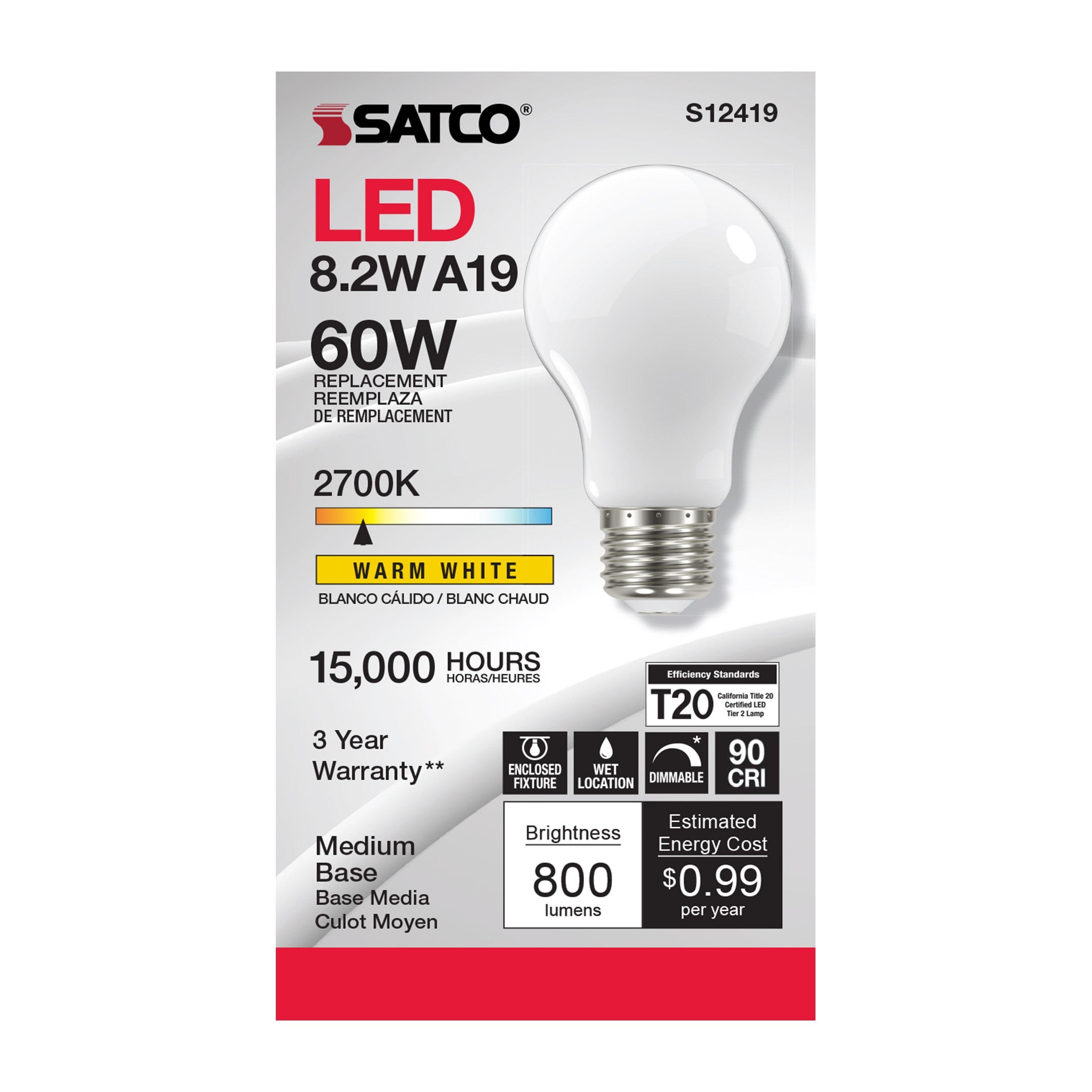 Picture of S12419 - 8.2 Watt LED A19 - Soft White - Medium Base - 2700K - 90 CRI - 120 Volt