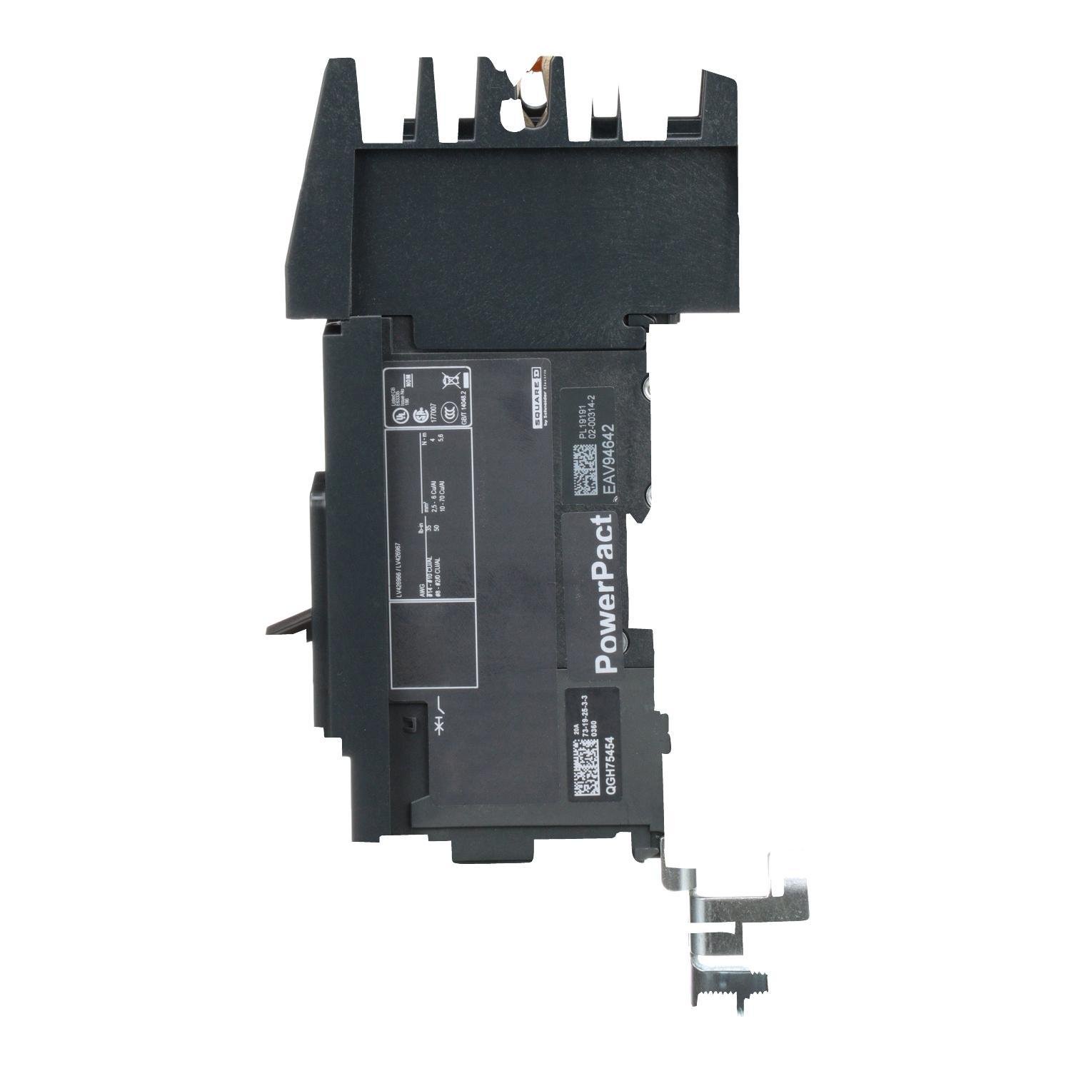 Picture of BDA160203 - Circuit breaker, PowerPacT B, 20A, 1 pole, 600Y/347VAC, 14kA, I-Line, thermal magnetic, 80%, B