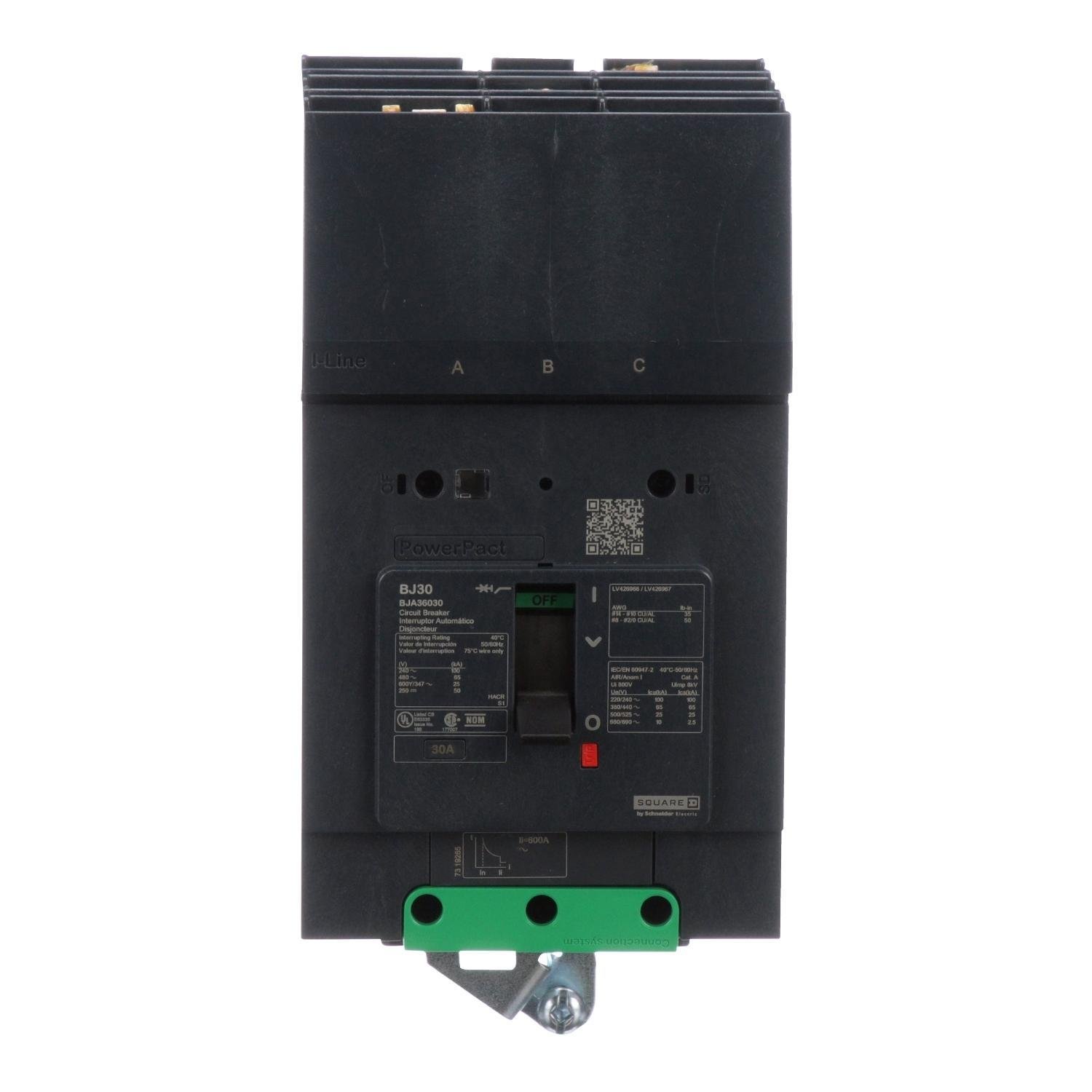 BJA36030 - Circuit breaker, PowerPacT B, 30A, 3 pole, 600Y/347VAC, 25kA, I-Line, thermal magnetic, 80%, ABC