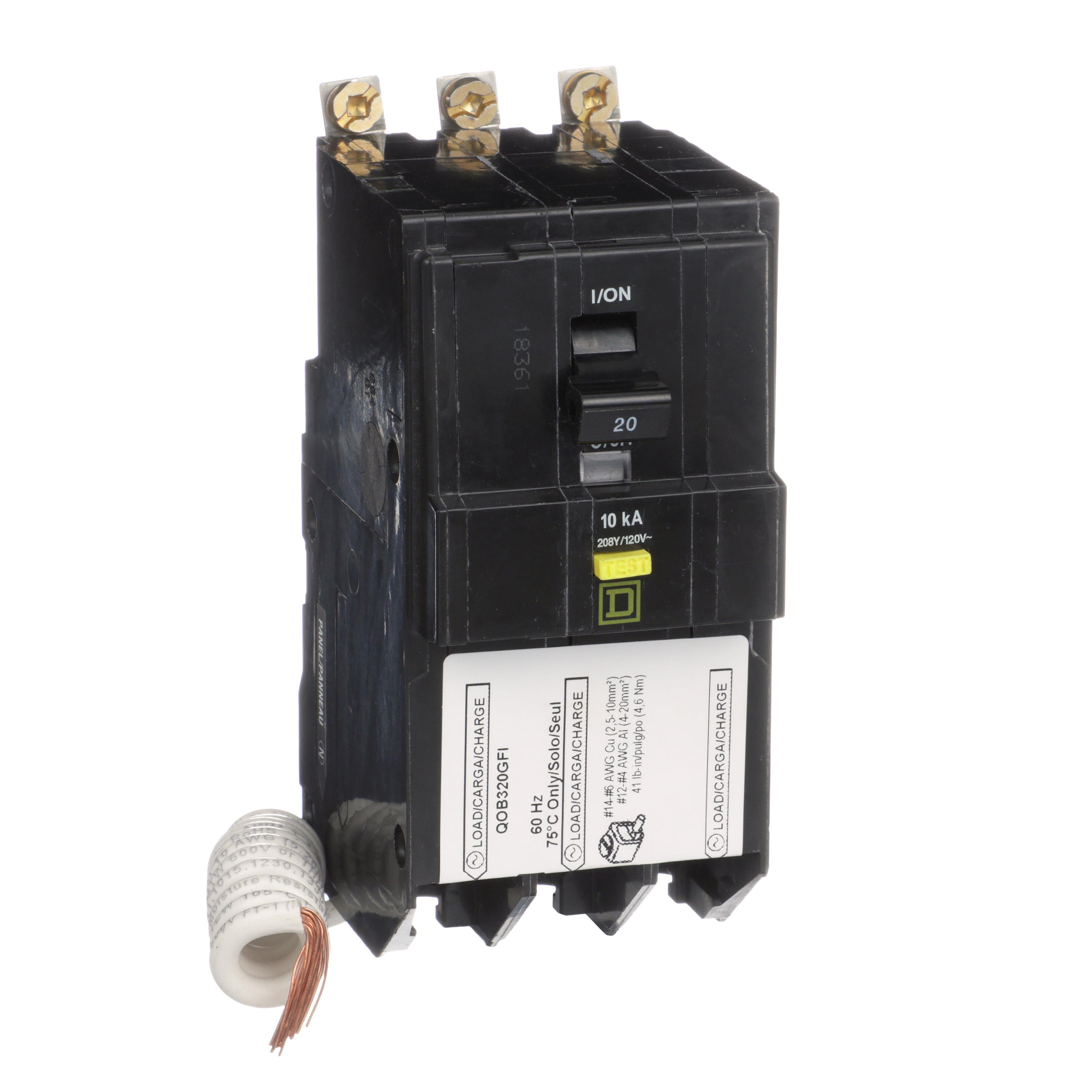 QOB320GFI - [TAA] Mini circuit breaker, QO, 20A, 3 pole, 208Y/120VAC, 10kA, bolt on, 6mA grd fault A, pigtail