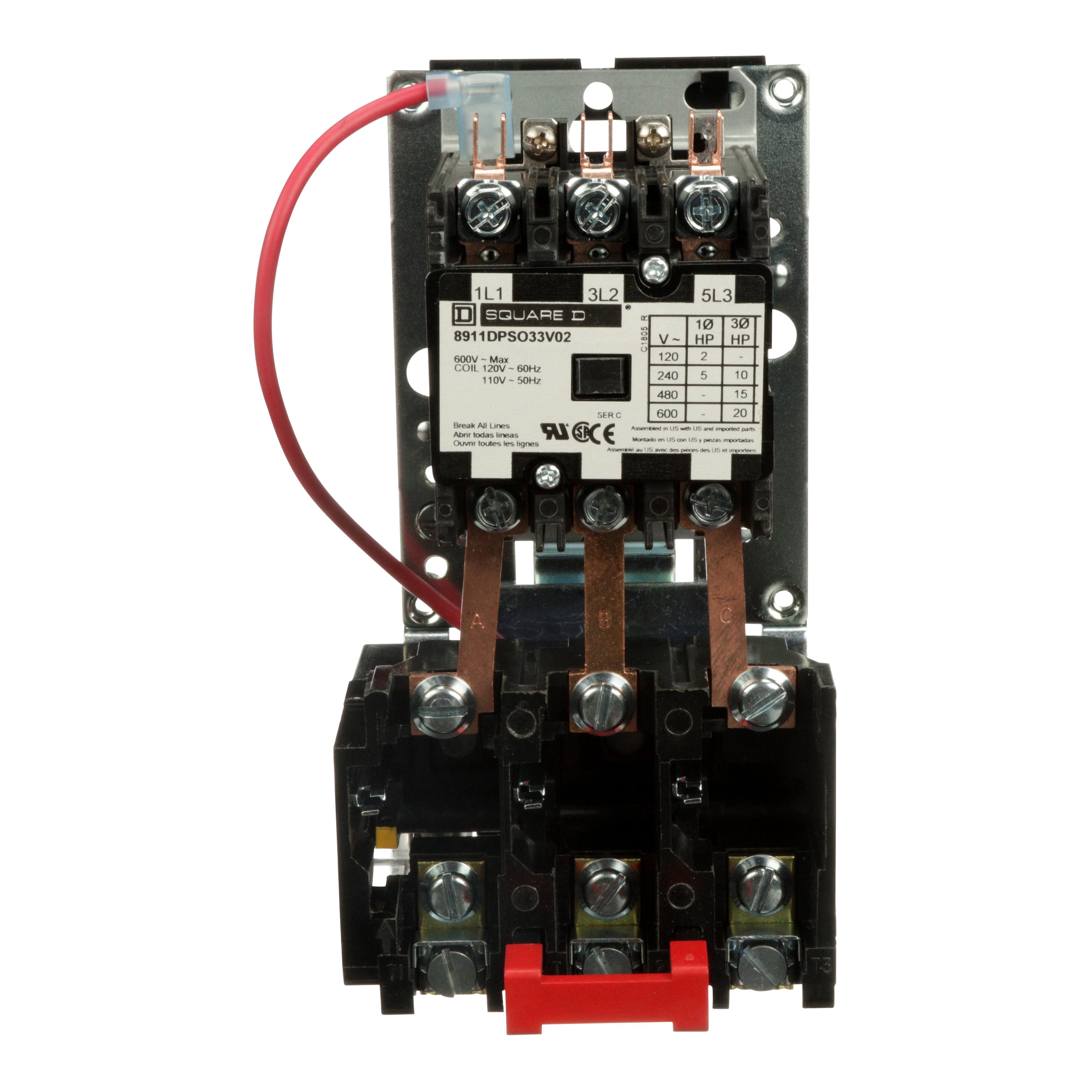 8911DPSO33V02 - NEMA starter, Definite Purpose, 30A, 20HP at 600VAC, 3 phase, 3 pole, melting alloy, 120VAC coil, open