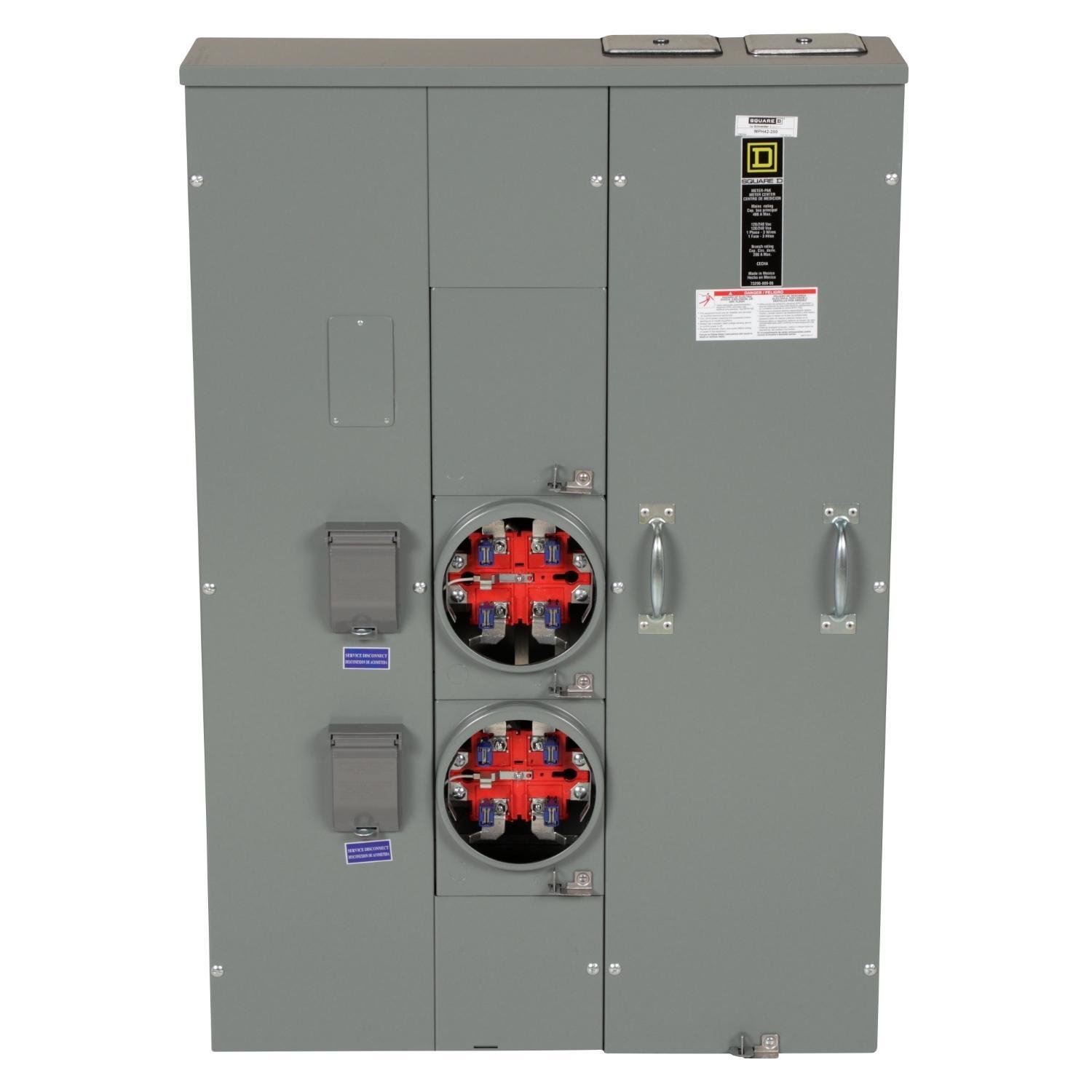 MPH42200 - Meter center, MP Meter-Pak, 2 sockets, horn bypass, 5 jaws, 400A bus, 200A max breaker rating, ringless