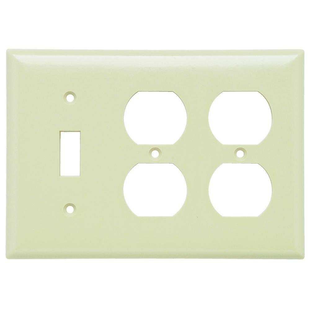 SP182-I - 3-Gang Thermoset Wall Plate, 1 Toggle Switch, 2 Duplex Receptacle, Ivory