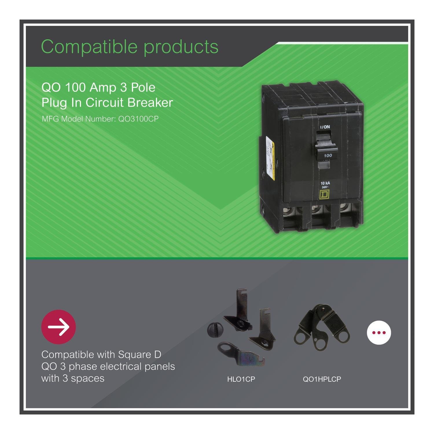 Picture of QO3100CP - Mini circuit breaker, QO, 100A, 3 pole, 120/240VAC, 10kA, plug in, consumer pack