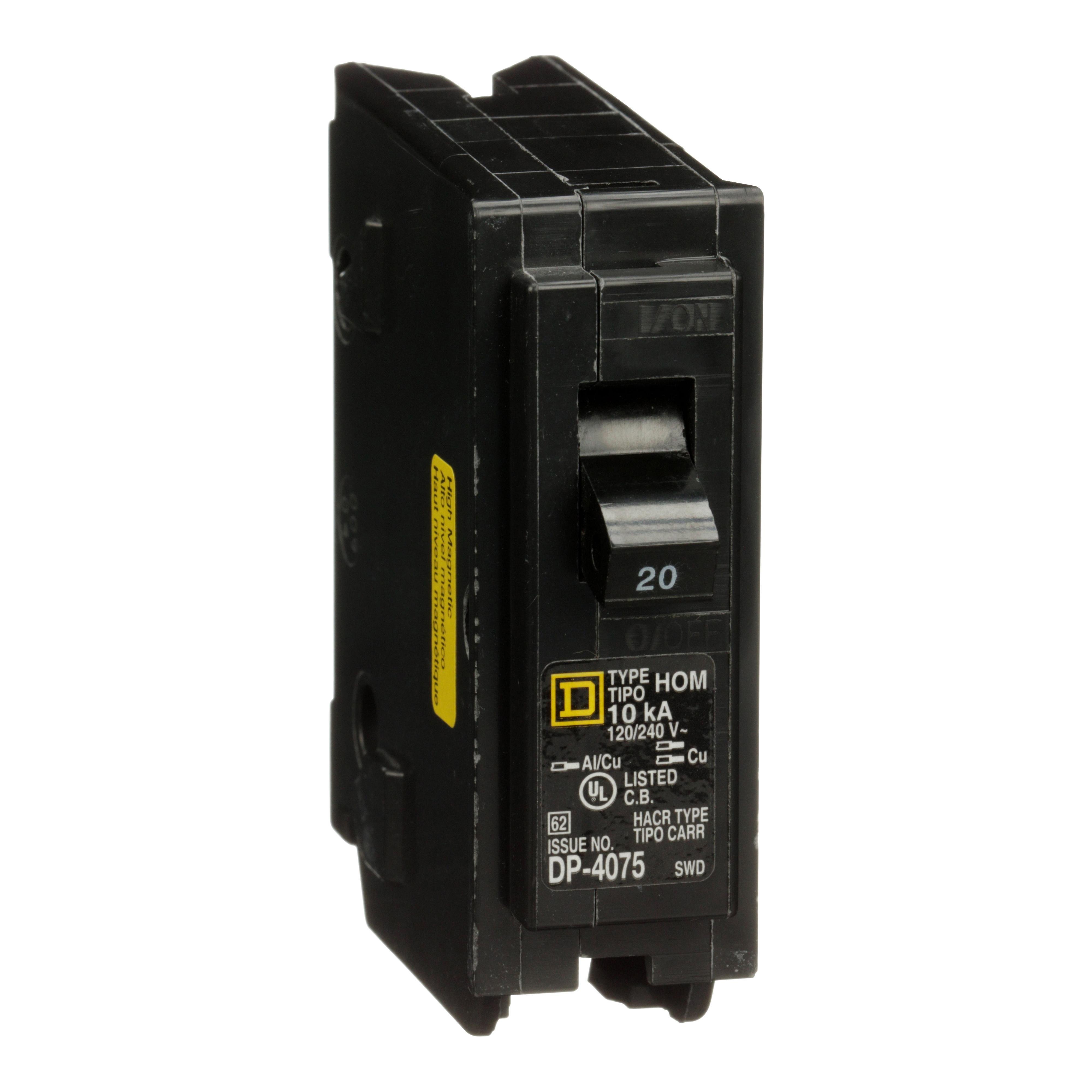 HOM120HM - Mini circuit breaker, Homeline, 20A, 1 pole, 120/240VAC, 10kA AIR, high magnetic, plug in, UL