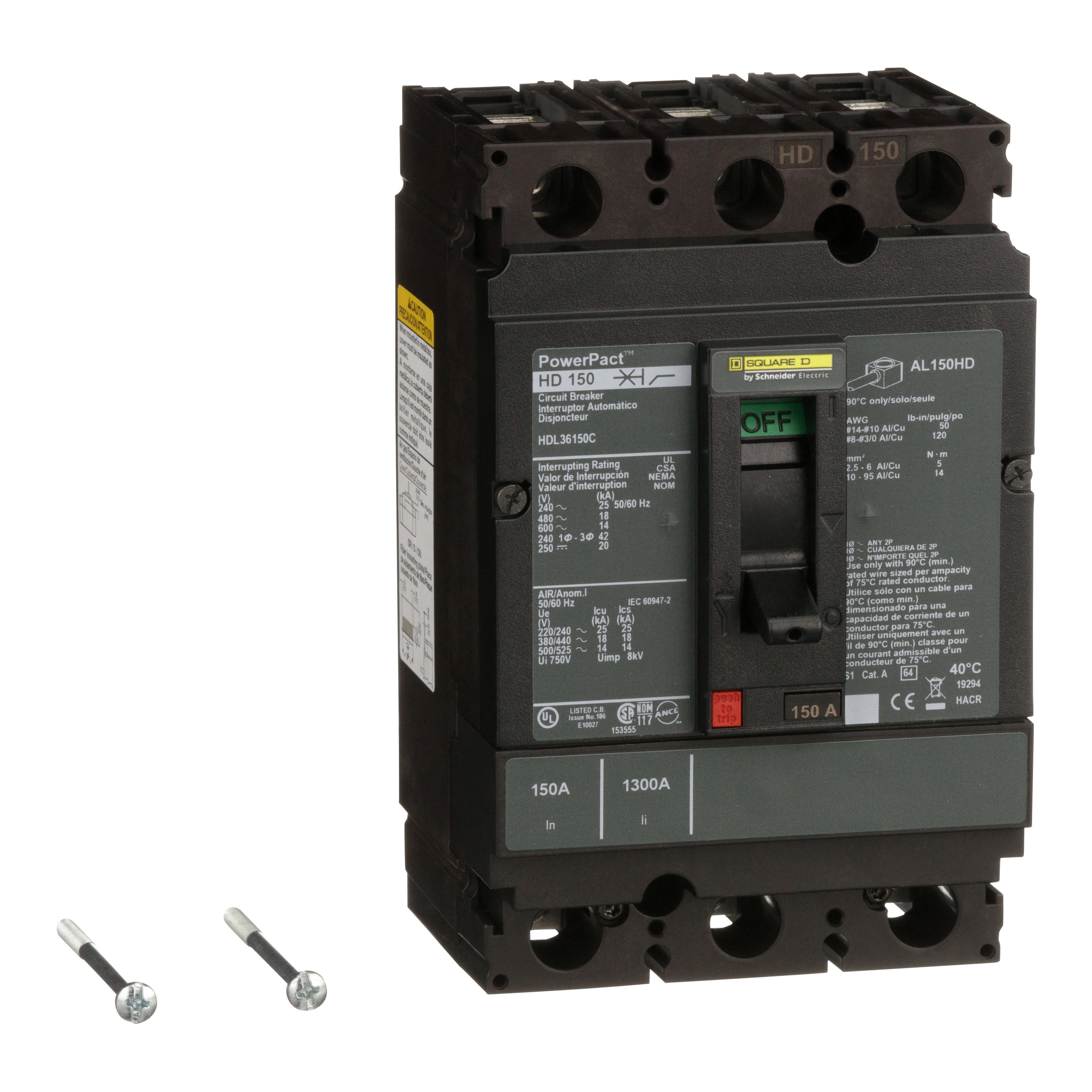 HDL36150C - Circuit breaker, PowerPacT H, 150A, 3 pole, 600VAC, 14kA, lugs, thermal magnetic, 100%