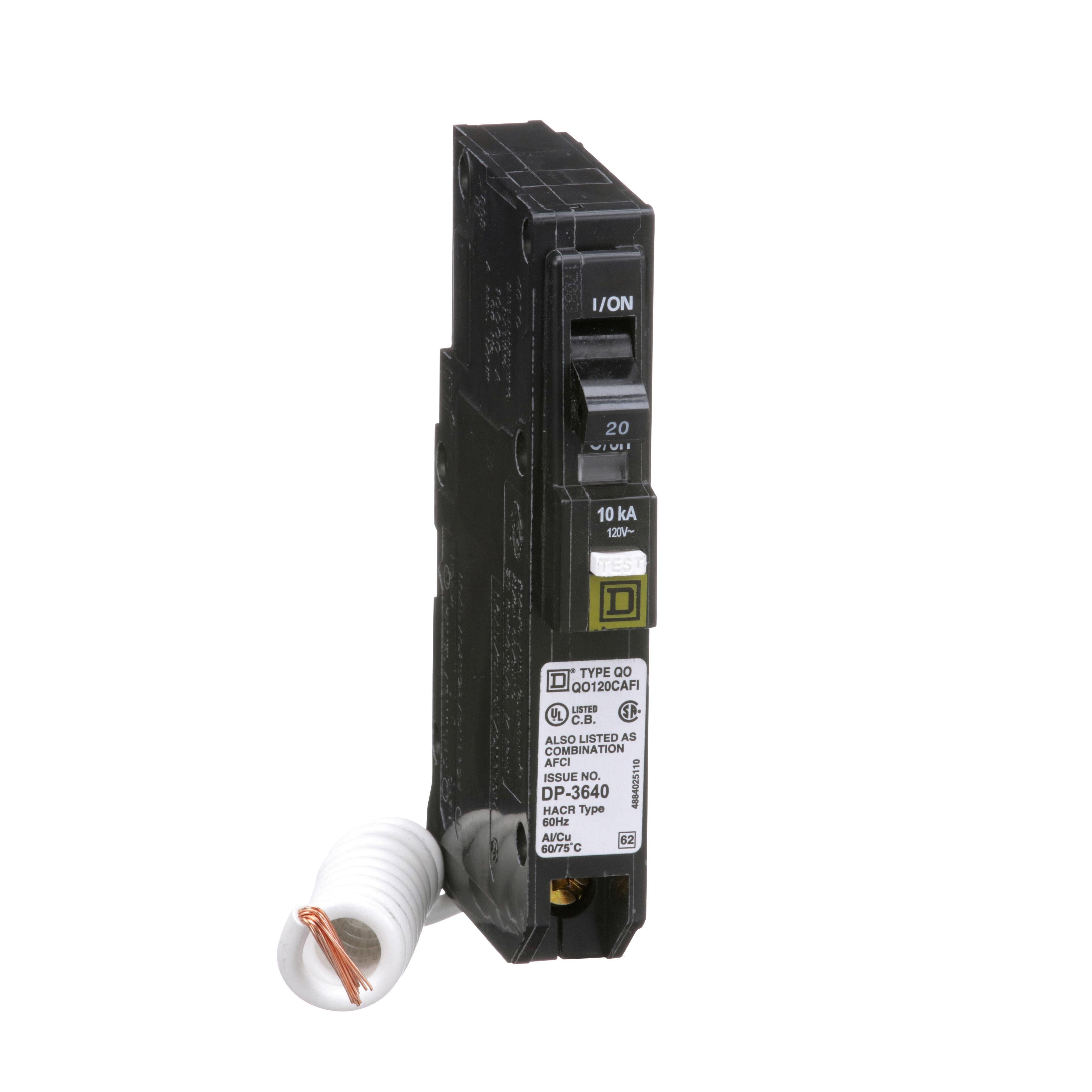 QO120CAFI - [TAA] Mini circuit breaker, QO, 20A, 1 pole, 120VAC, 10kA, plug in, combo ARC fault, pigtail