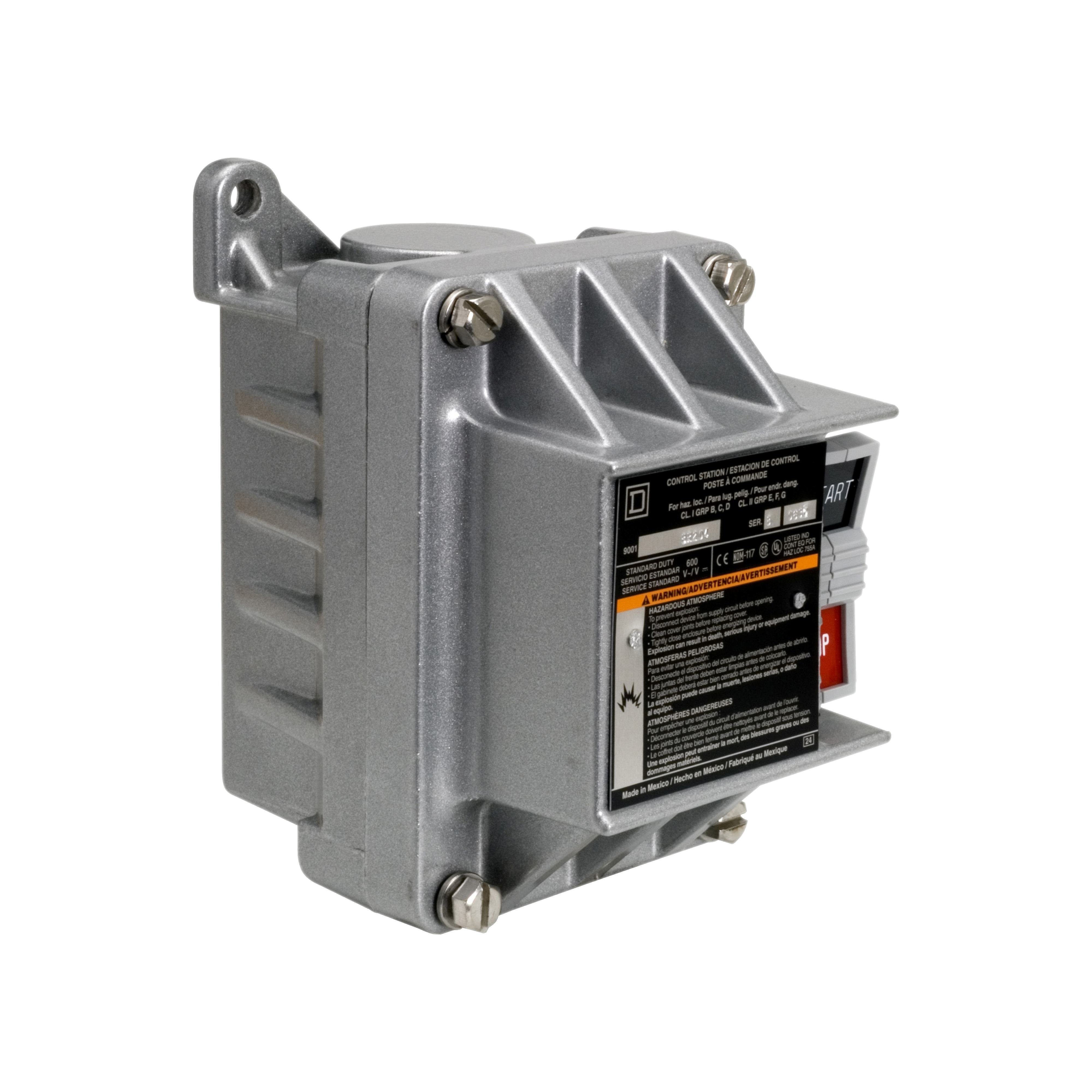 9001BR204 - Complete control station, Harmony 9001B, 2 push buttons START-STOP, with lockout, 5A, 600V AC, 1NO + 1NC NEMA 7/9