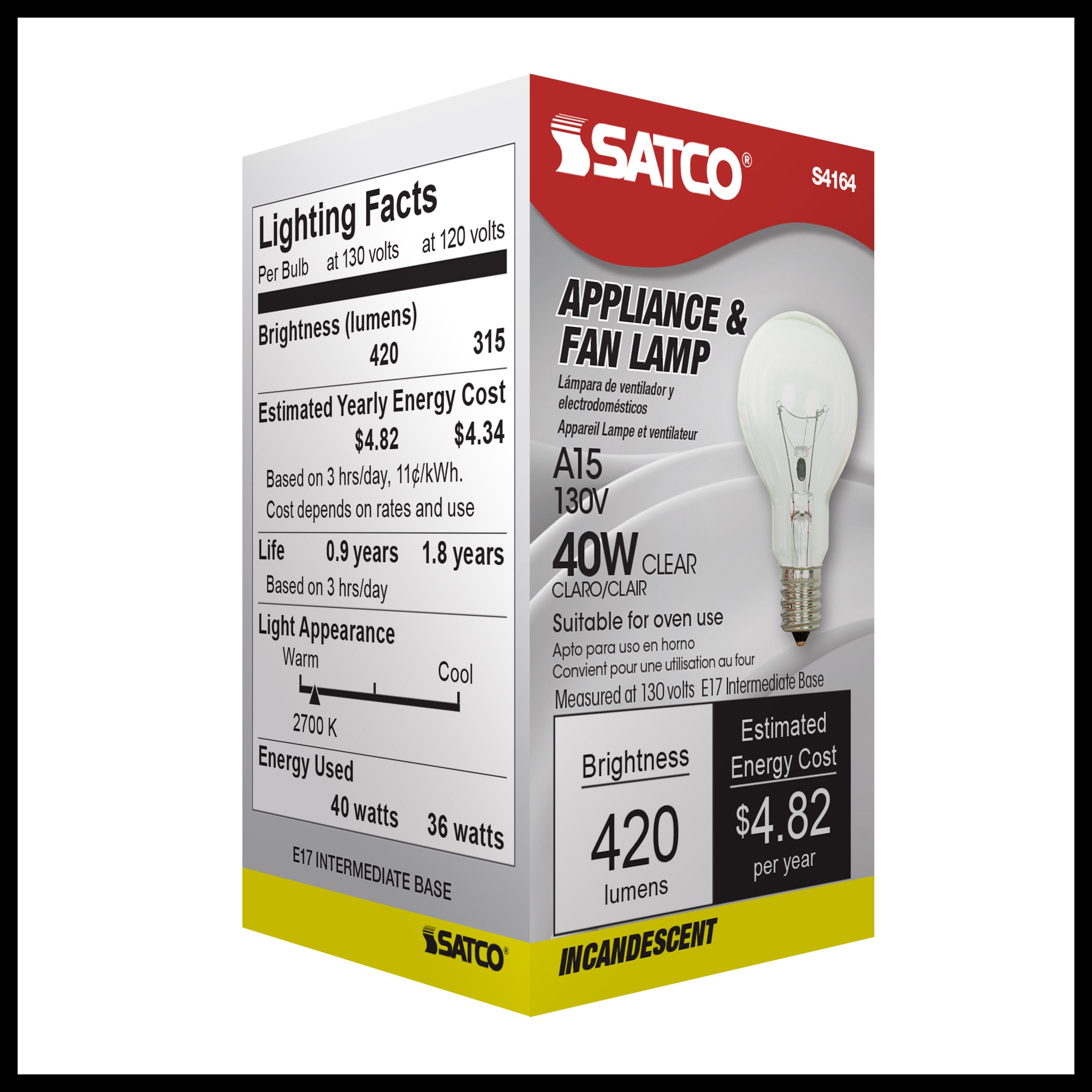 Picture of S4164 - 40 Watt A15 Incandescent - Clear - Appliance Lamp - 1000 Average rated hours - 420 Lumens - Intermediate base - 130 Volt