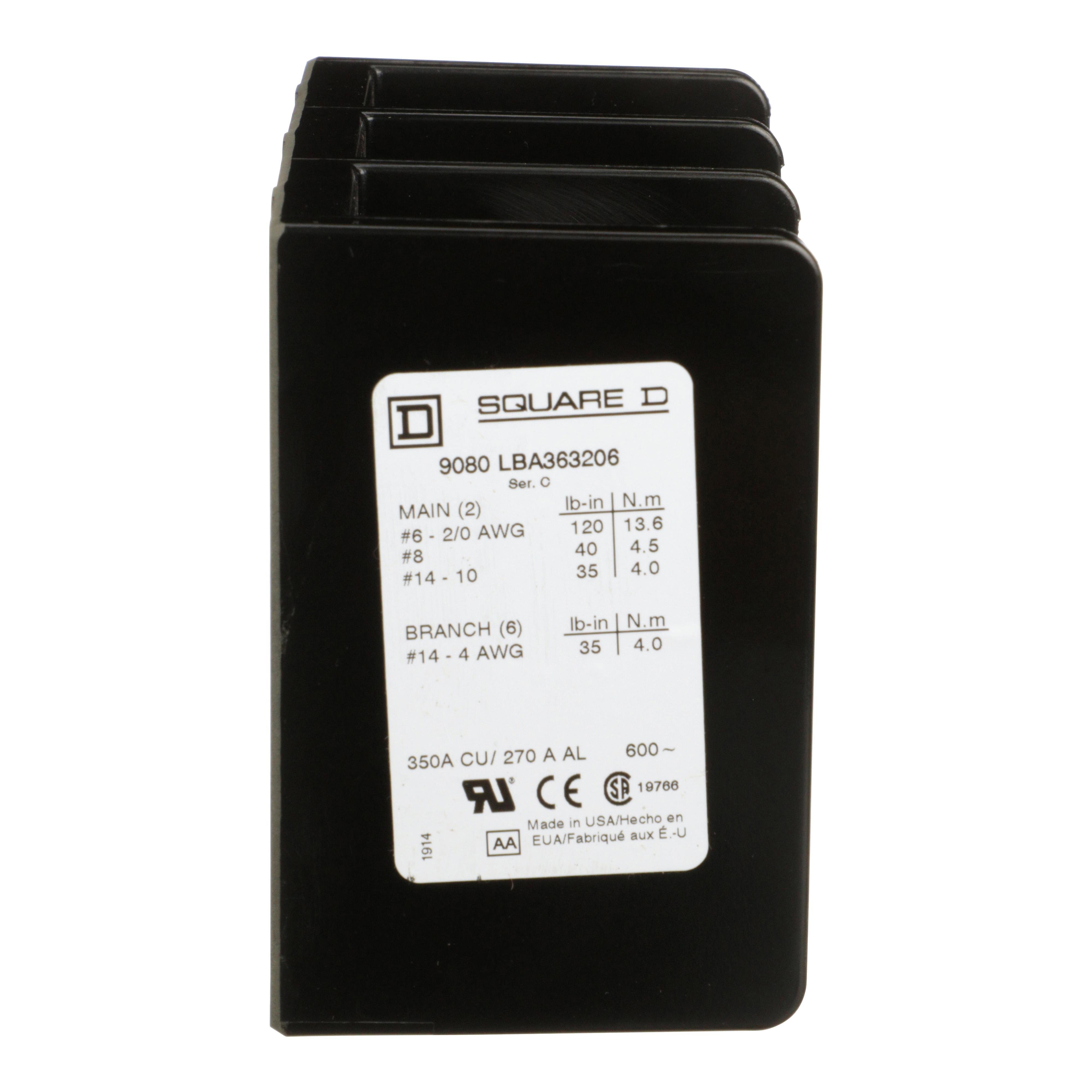 Picture of 9080LBA363206 - Power distribution block, Linergy, 3 pole, 2 line, 6 load, 350A Cu, 270A Al, 600V