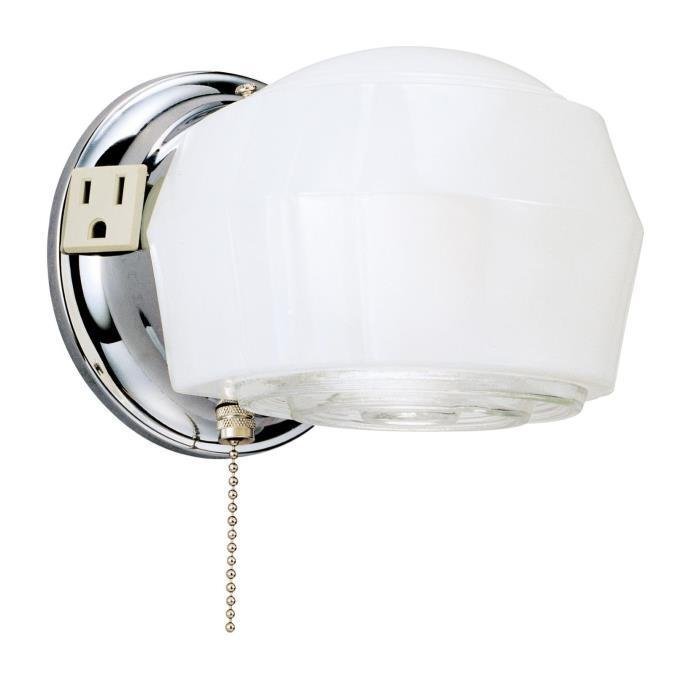 Westinghouse One-Light Interior Wall Fixture with Ground Convenience Outlet and Pull Chain, Chrome Finish Base with White and Crystal Glass