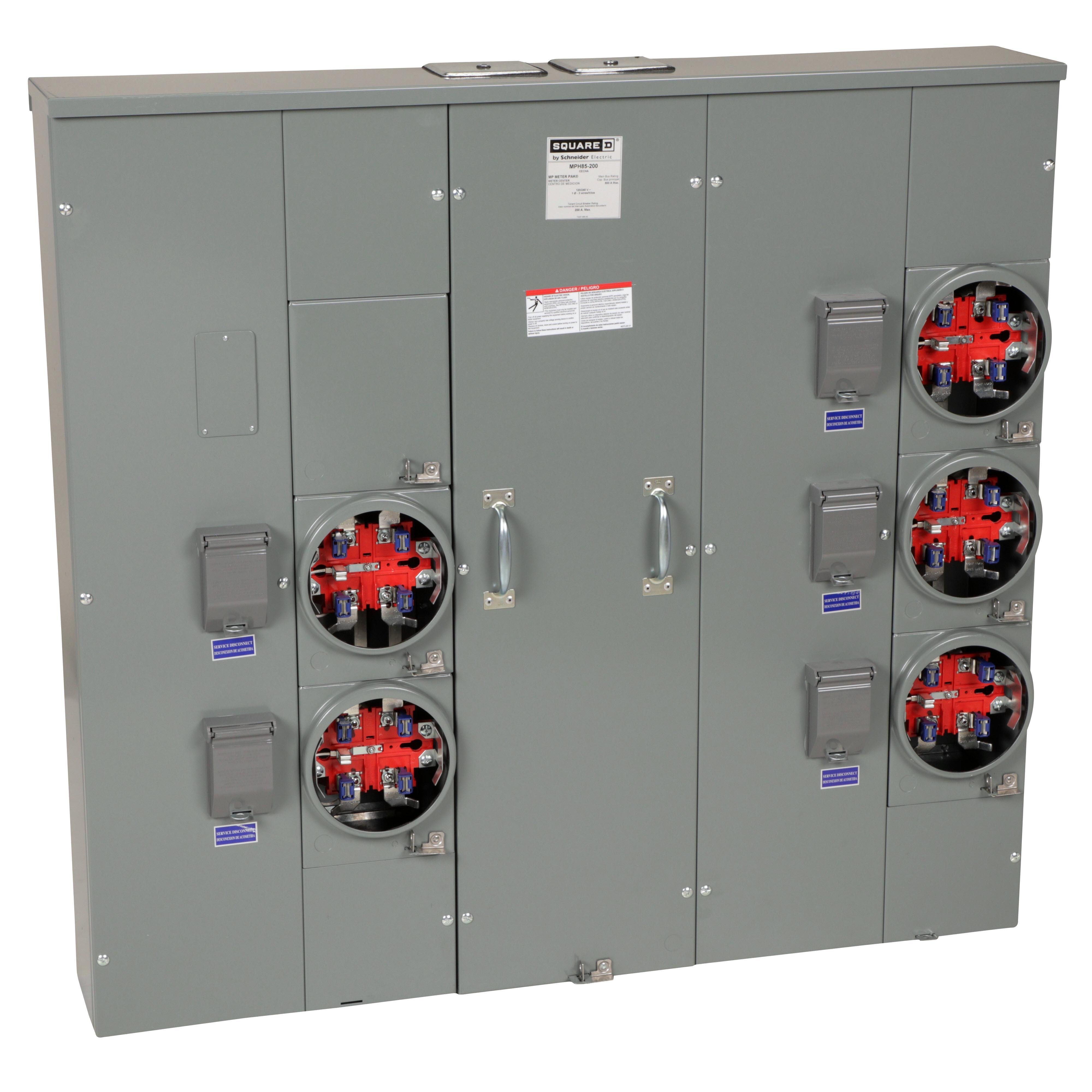 MPH85200 - Meter center, MP Meter-Pak, 5 sockets, horn bypass, 5 jaws, 800A bus, 200A max breaker rating, ringless