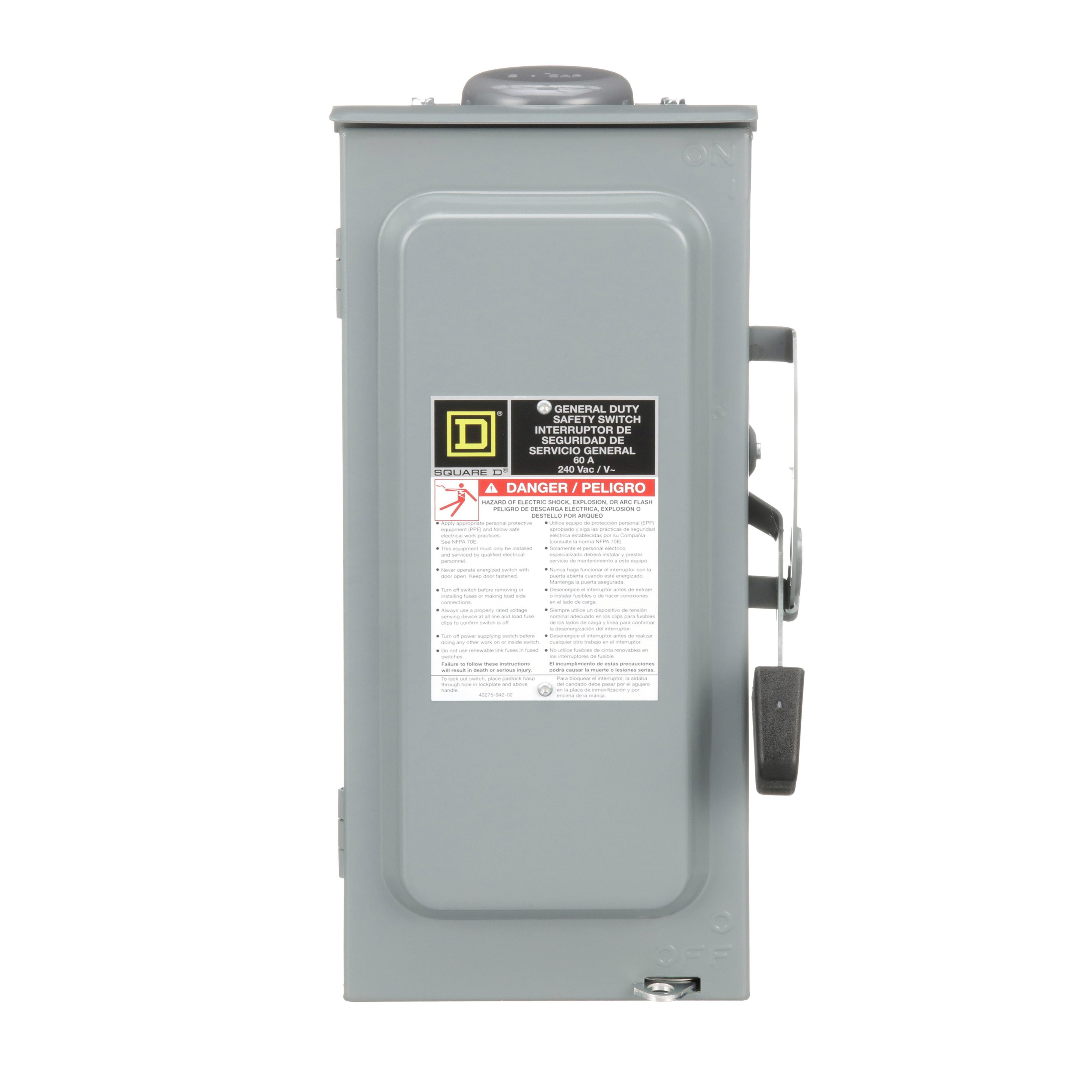 Picture of D322NRB - Safety switch, general duty, fusible, 60A, 3 pole, 15hp, 240VAC, NEMA 3R, bolt on provision, neutral factory installed