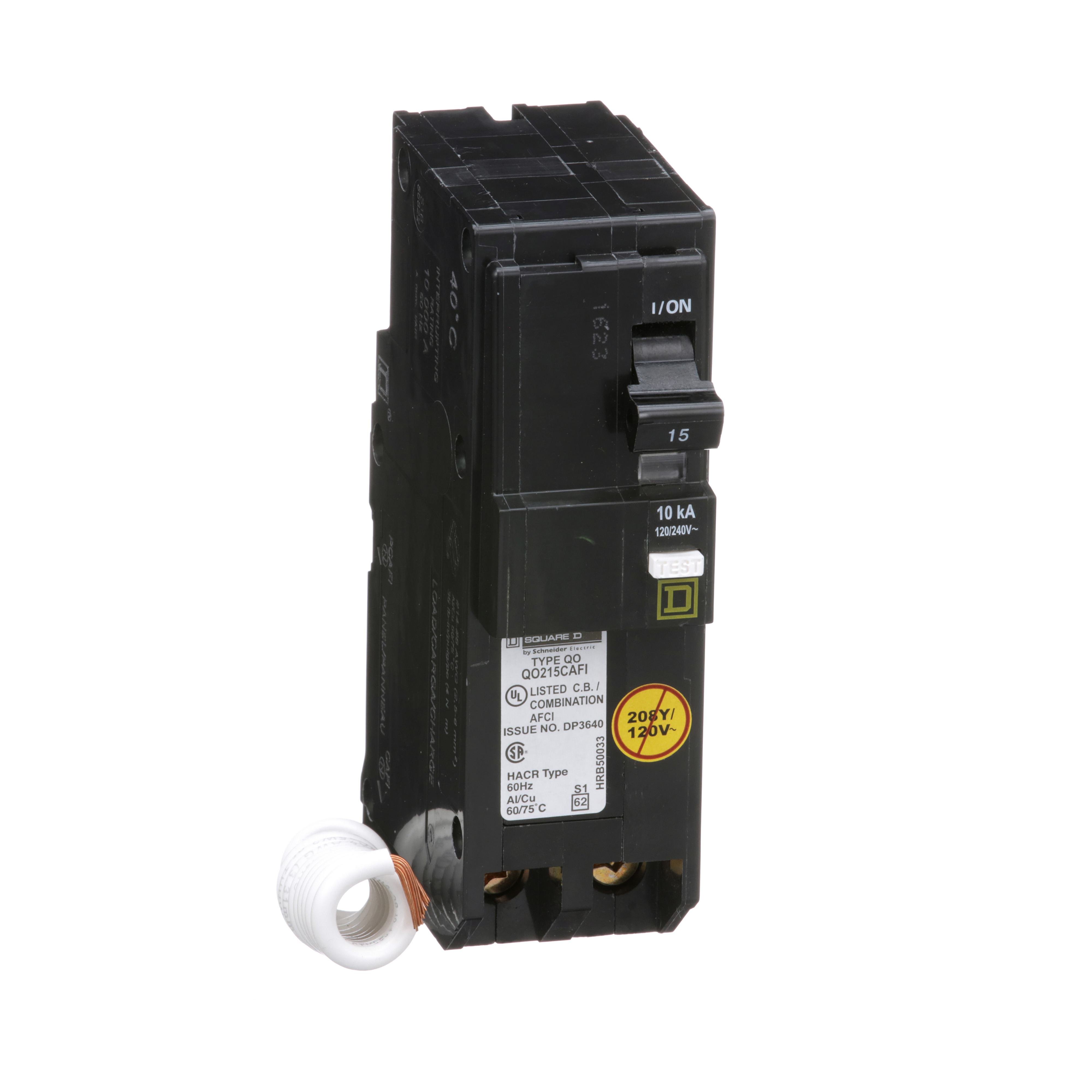 QO215CAFI - [TAA] Mini circuit breaker, QO, 15A, 2 pole, 120/240VAC, 10kA, plug in, combo ARC fault, pigtail