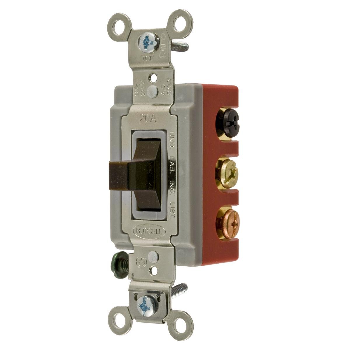 HBL1386 - Heavy-Duty Double Throw Toggle Switch, DPDT Center Off, 20A 120/277V AC, Back/Side Wired, Brown.